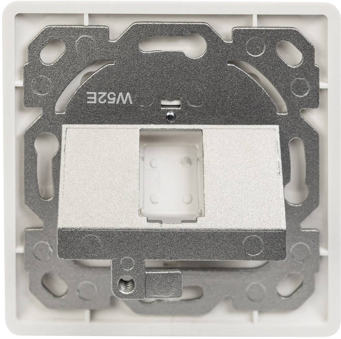 Ein quadratischer Metallrahmen für eine Steckdose oder Schalter, mit Befestigungslöchern auf einem weißen Hintergrund.