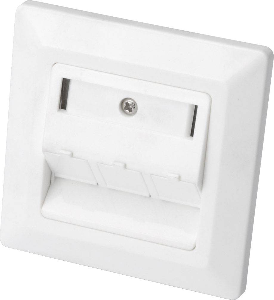 Weiße Steckdose mit Kindersicherung in der Mitte einer weißen quadratischen Platte, zur Wandmontage geeignet.