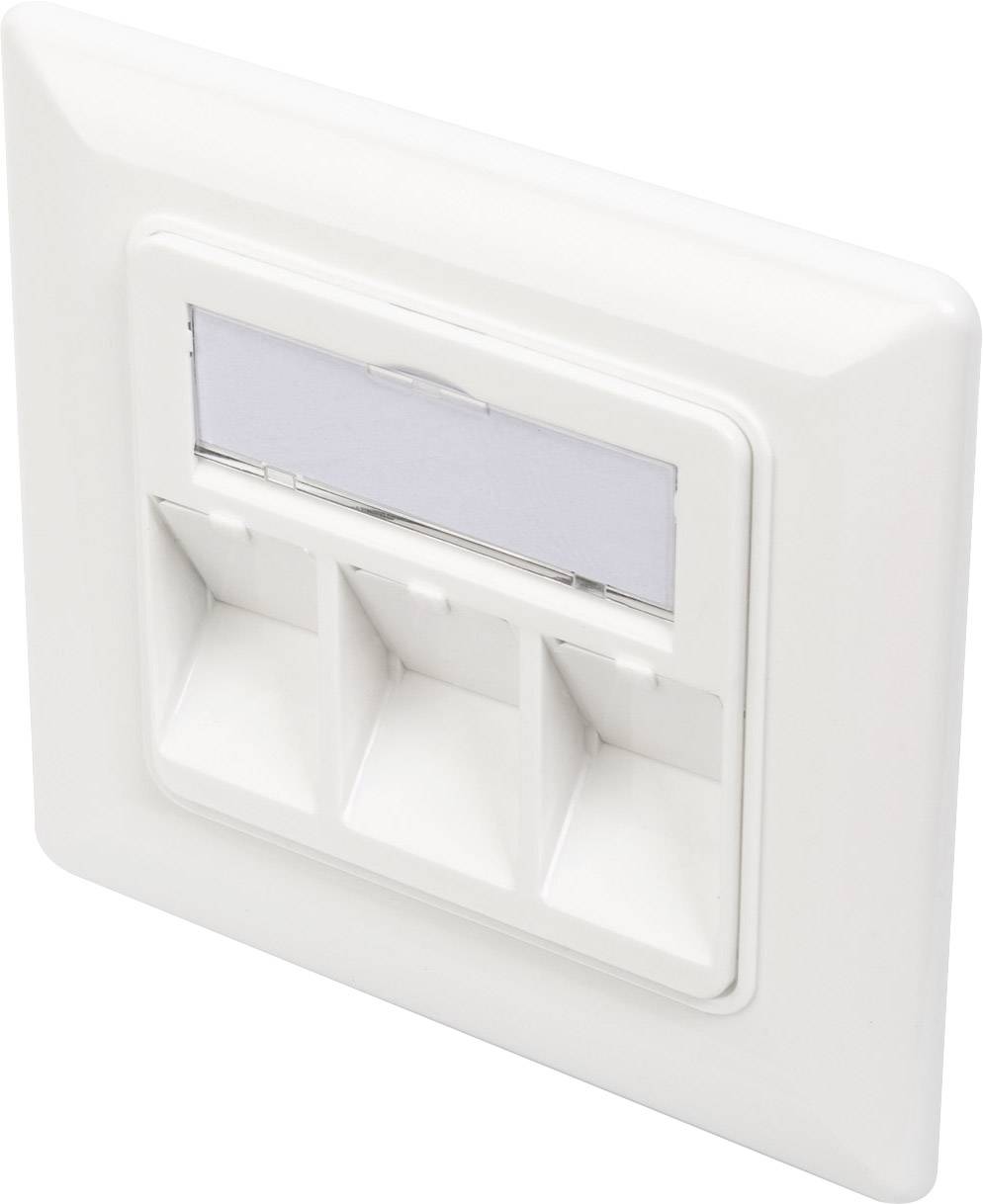 Ein weißer dreifacher Netzwerkanschluss mit beschriftbarem Feld, geeignet für Kabelverbindungen in Heim- oder Büroinstallationen.