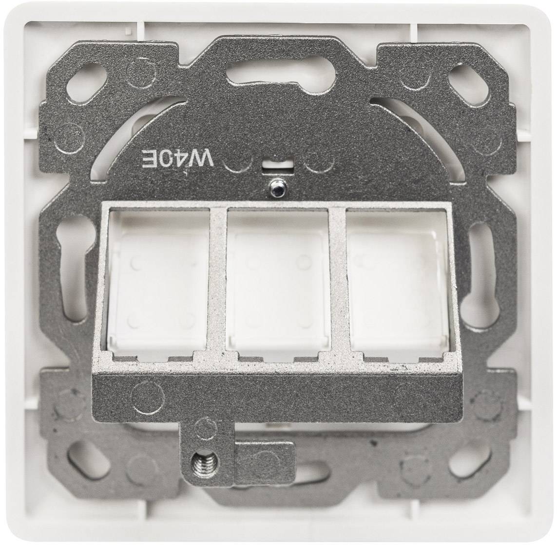 Ein rechteckiger WAGO-Wandverbinder mit mehreren Anschlussklemmen ist in einer quadratischen Montageplatte eingebaut.