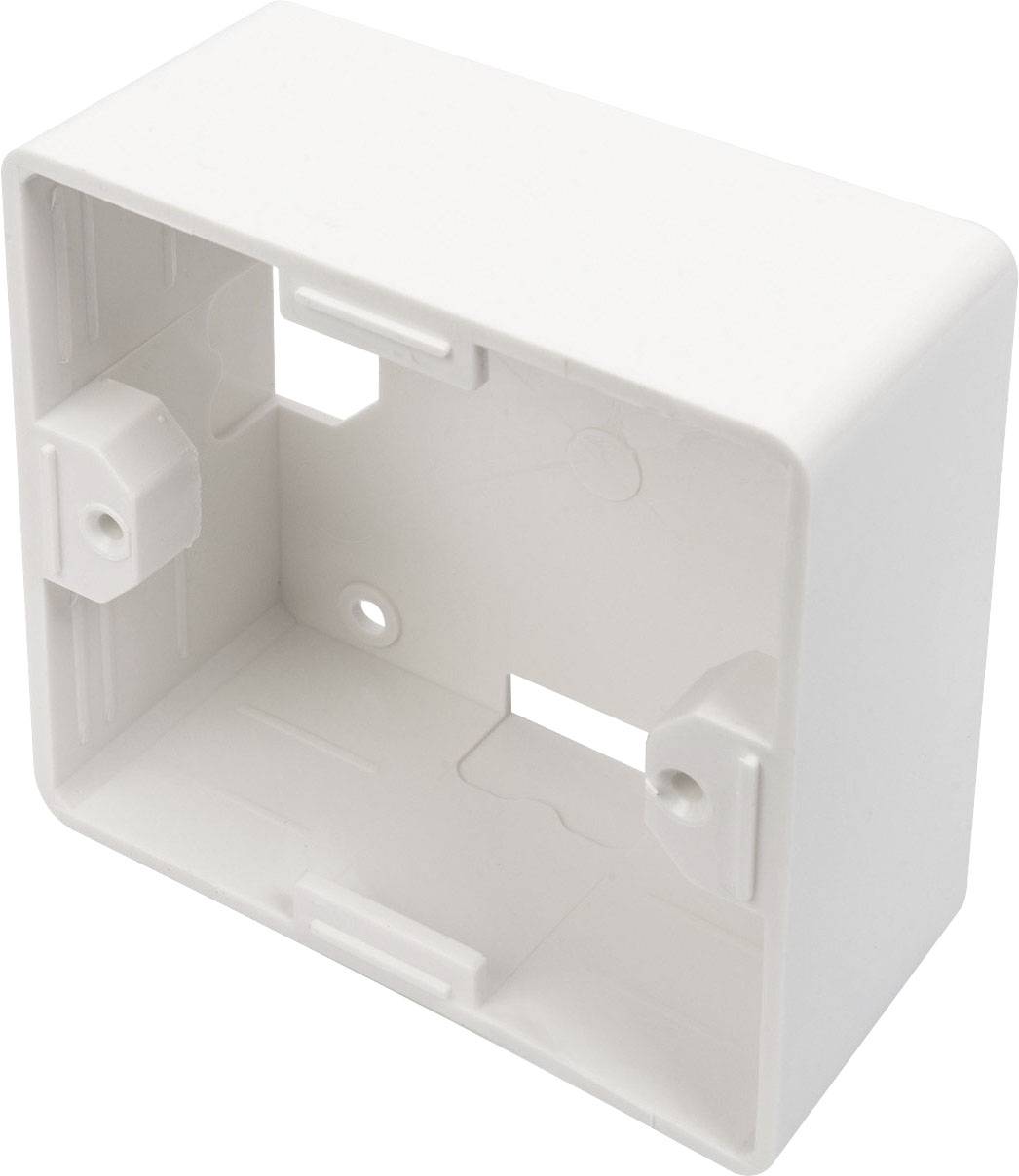 Weiße Kunststoff-Unterputzdose, rechteckige Form, mit Öffnungen zur Kabeldurchführung auf der Rückseite und Befestigungspunkten.