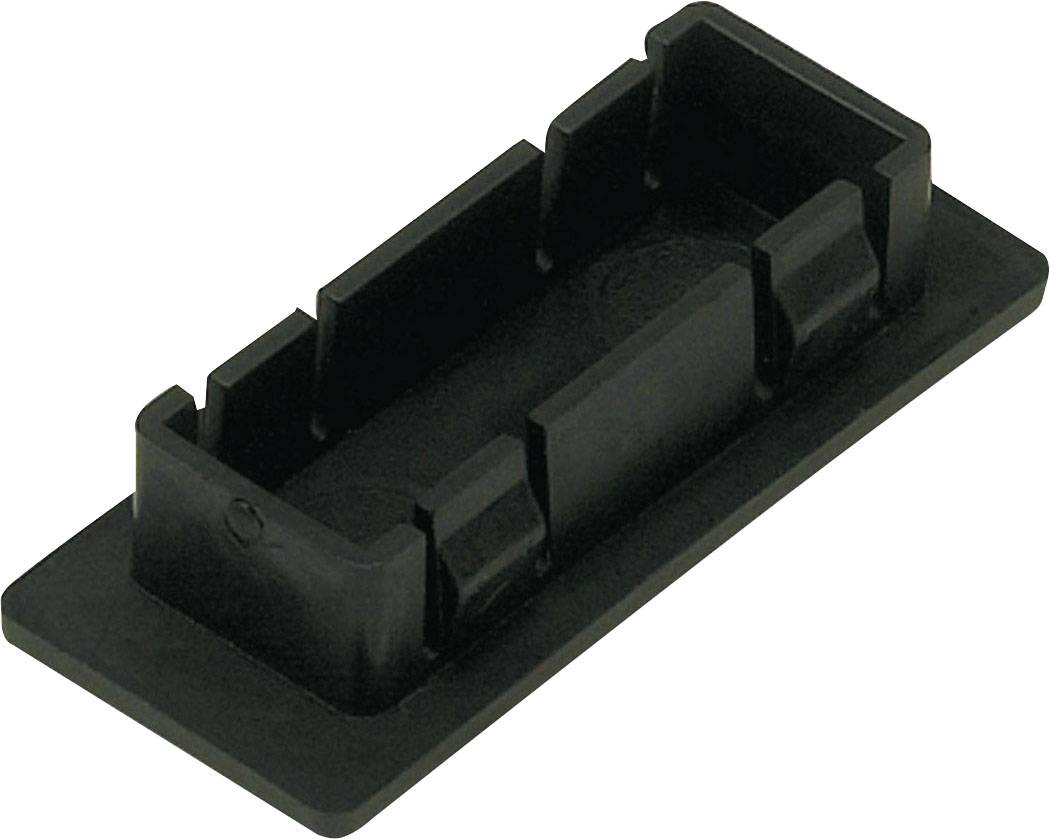 Ein rechteckiger schwarzer Kunststoffrahmen mit mehreren Einkerbungen, möglicherweise ein Halter oder ein Einsatz für ein technisches Bauteil.