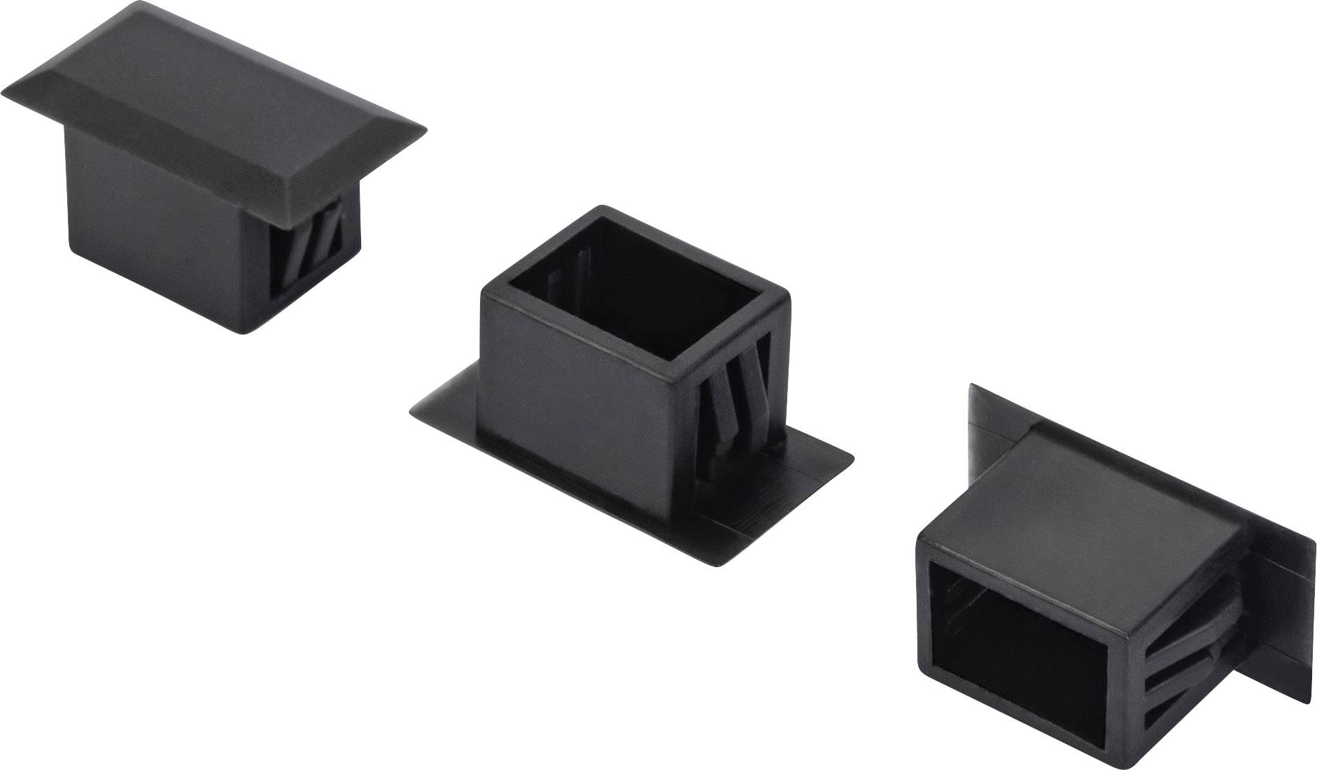 Drei schwarze, rechteckige Kunststoffhülsen, die jeweils einen leicht unterschiedlichen Winkel zeigen.