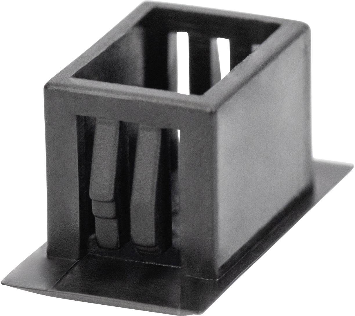 Schwarzes Kunststoff-Bauteil mit rechteckiger Öffnung und internen Strukturen, möglicherweise Teil eines technischen Systems.