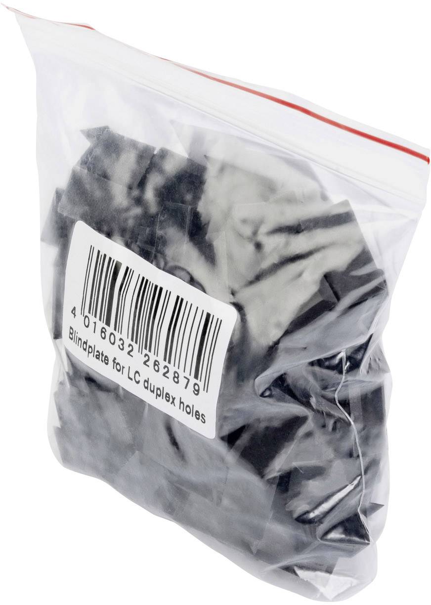 Kunststoffbeutel mit einer Menge Blindplatten zur Abdeckung von LC Duplex-Öffnungen, in durchsichtiger Verpackung mit Barcode.