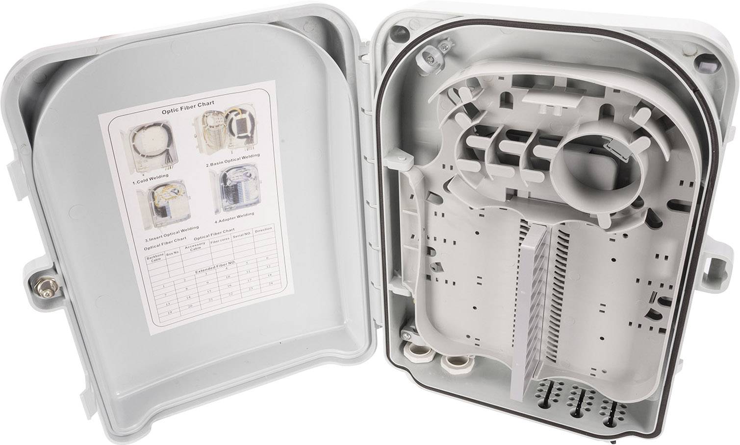 Gehäuse geöffnet mit eingebautem Kabelmanagement-System. Links befindet sich eine Anleitung für die Montage. Knotenpunkt für Glasfaserkabel.