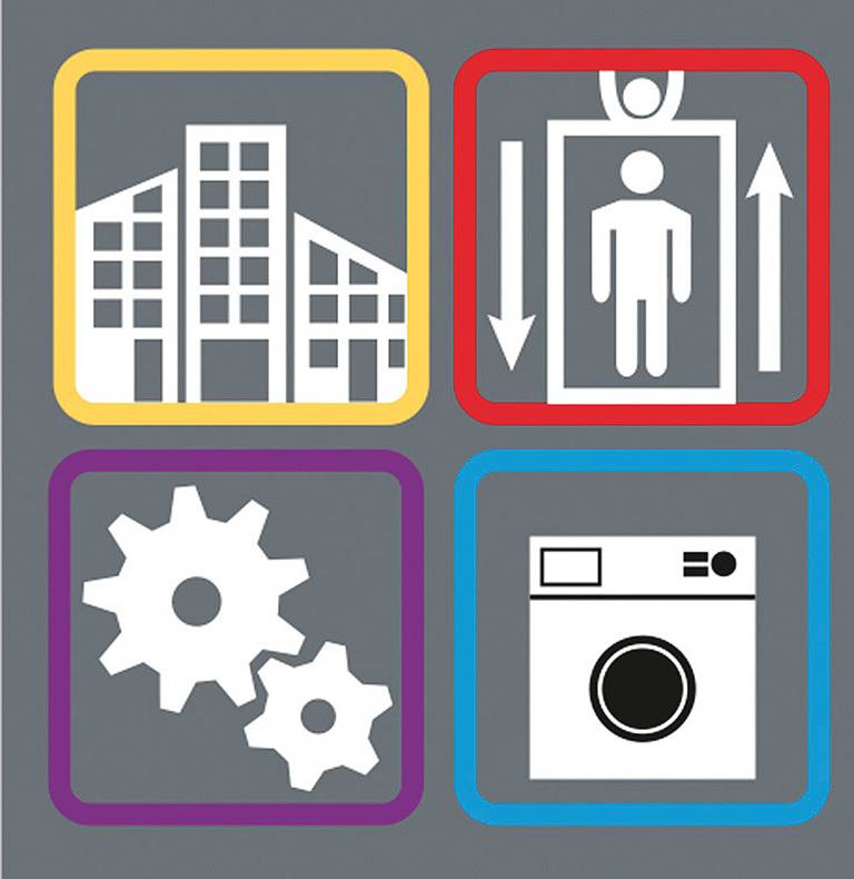 Symbole für ein Gebäude, einen Aufzug, Zahnräder und eine Waschmaschine, farblich markiert. Darstellung von Infrastruktur und Technik.