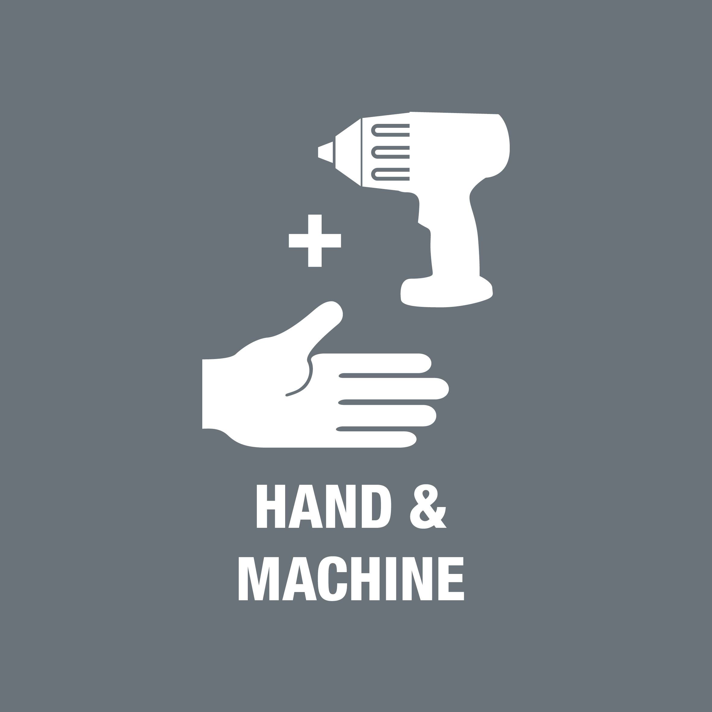 Symbol zeigt eine Hand und eine Bohrmaschine mit einem Pluszeichen dazwischen. Darunter steht 'HAND & MACHINE'.