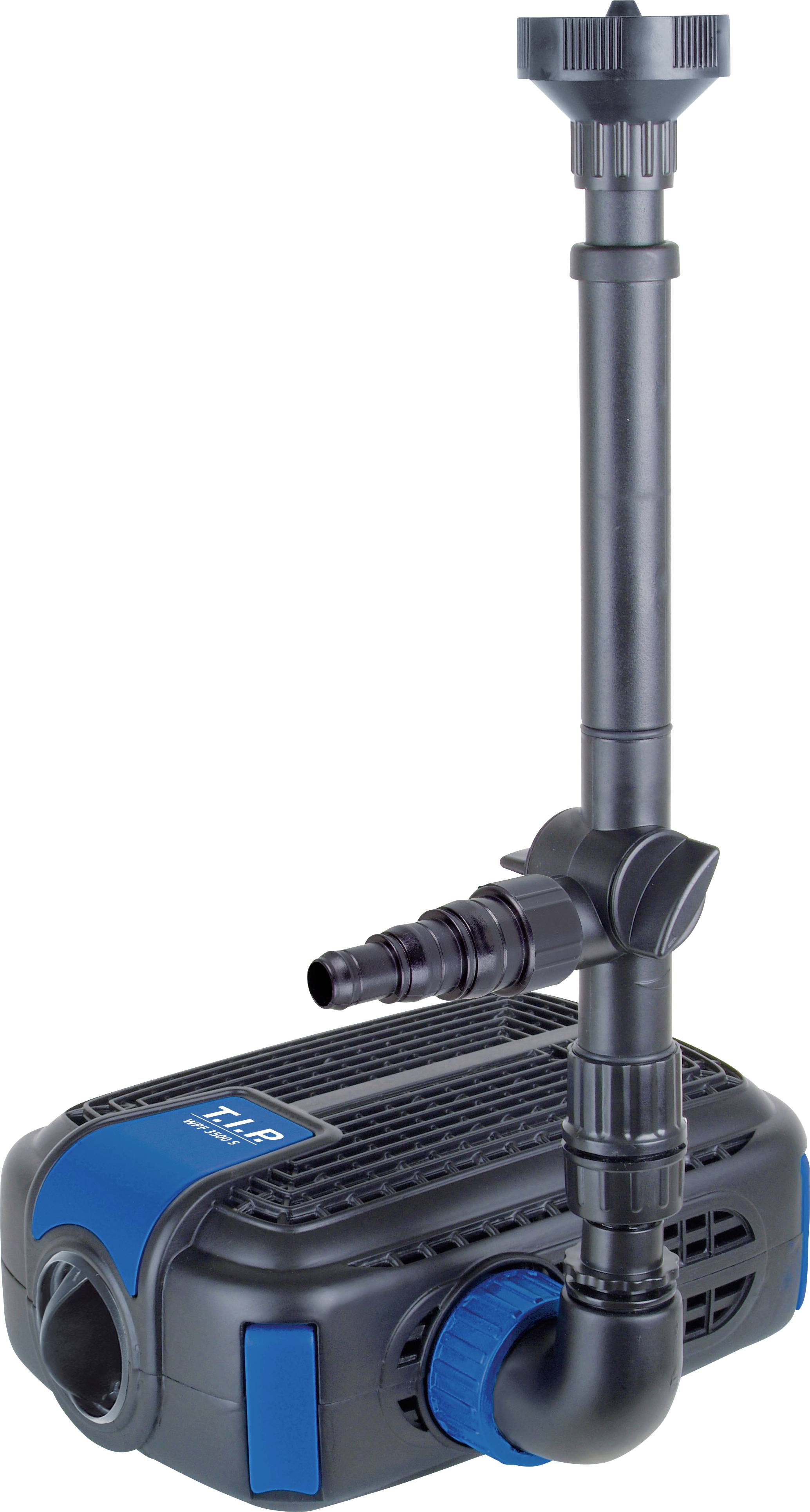 Eine schwarze Wasserpumpe mit blauen Akzenten und einem vertikalen Rohr. Geeignet für Garten- oder Teichanwendungen.