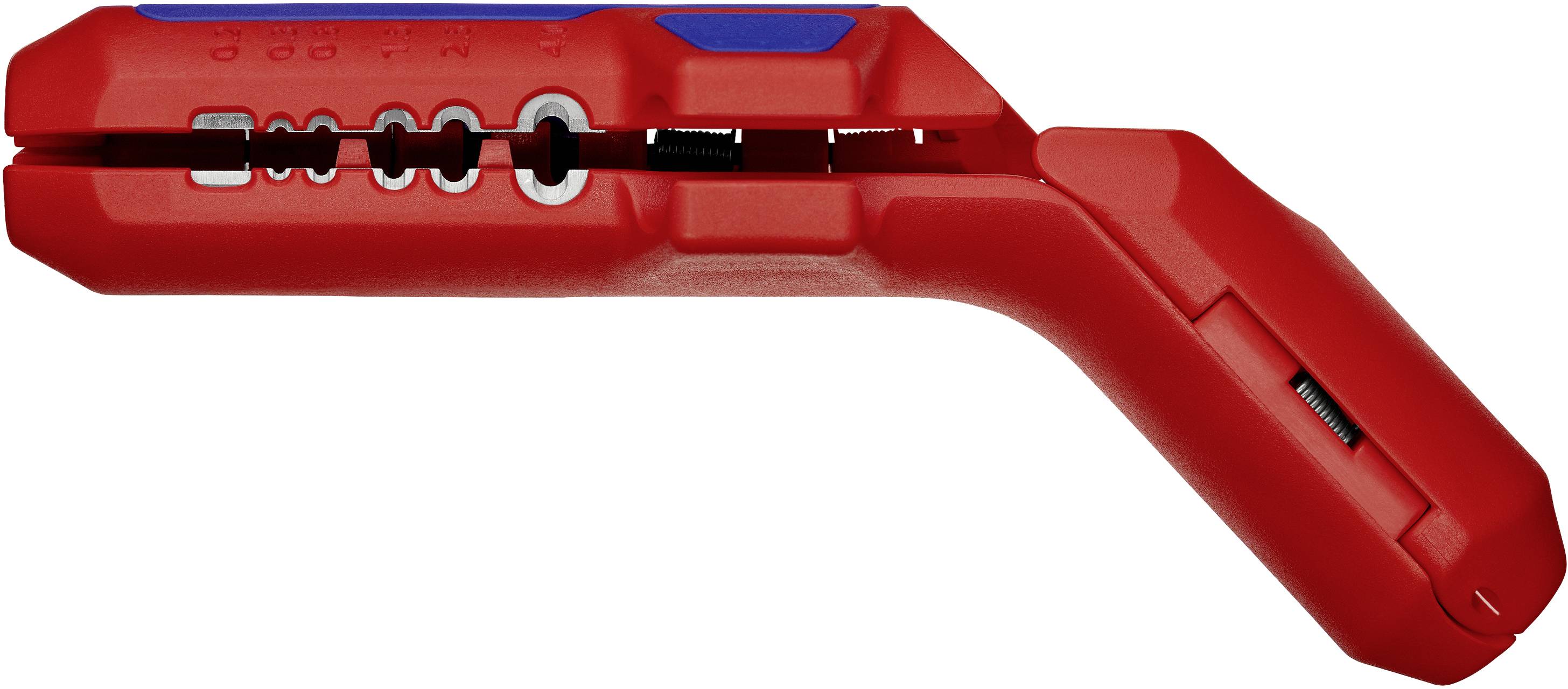 Rotes Kabelabisolierwerkzeug mit blauer und silberner Beschriftung. Eignet sich zum präzisen Abisolieren von Kabeln unterschiedlicher Dicke.