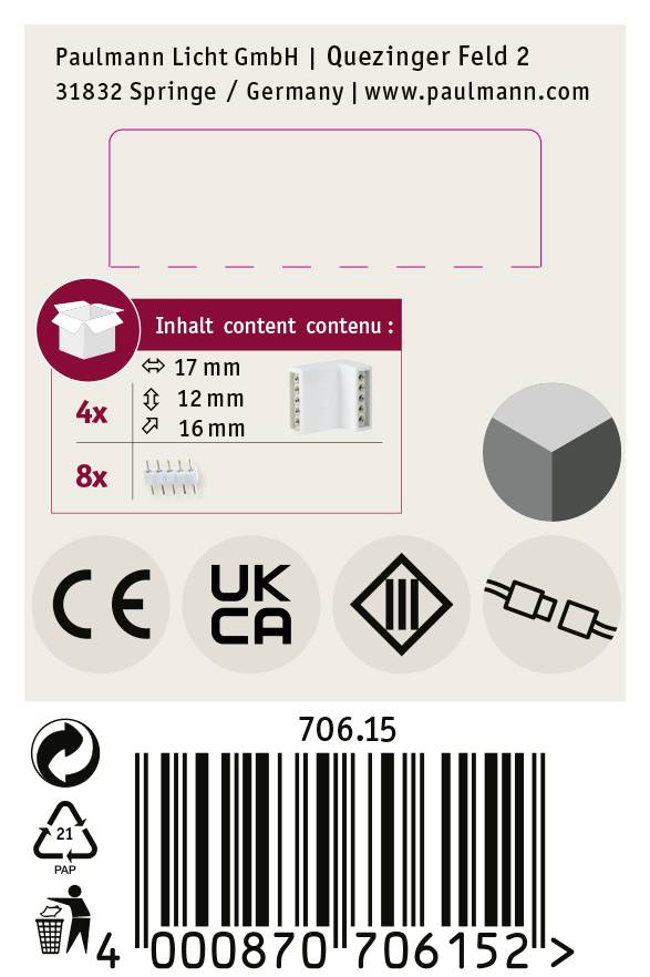 Paulmann 70615 Eckverbinder Kunststoff (L x B x H) 1.7 x 1.6 x 1.2cm 4St.