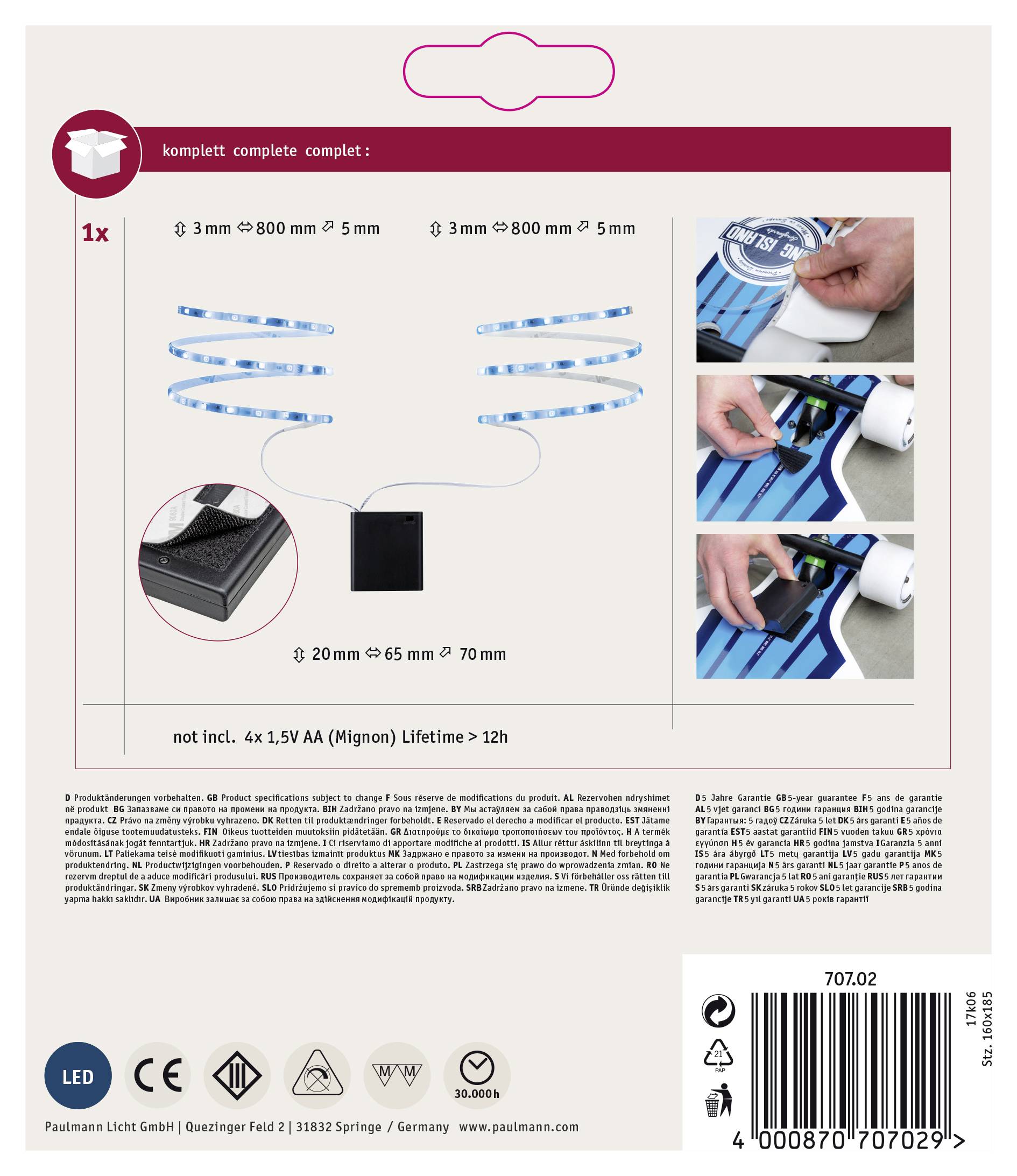 Paulmann 70702 LED-Streifen-Komplettset mit Batterie-Box 6V 800mm Blau 1St.