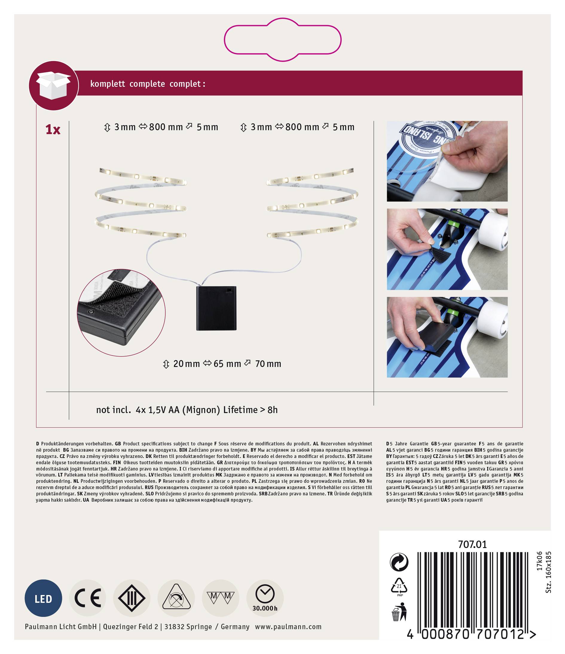 Paulmann 70701 LED-Streifen-Komplettset mit Batterie-Box 6 V 800 mm Warmweiß 1 St.