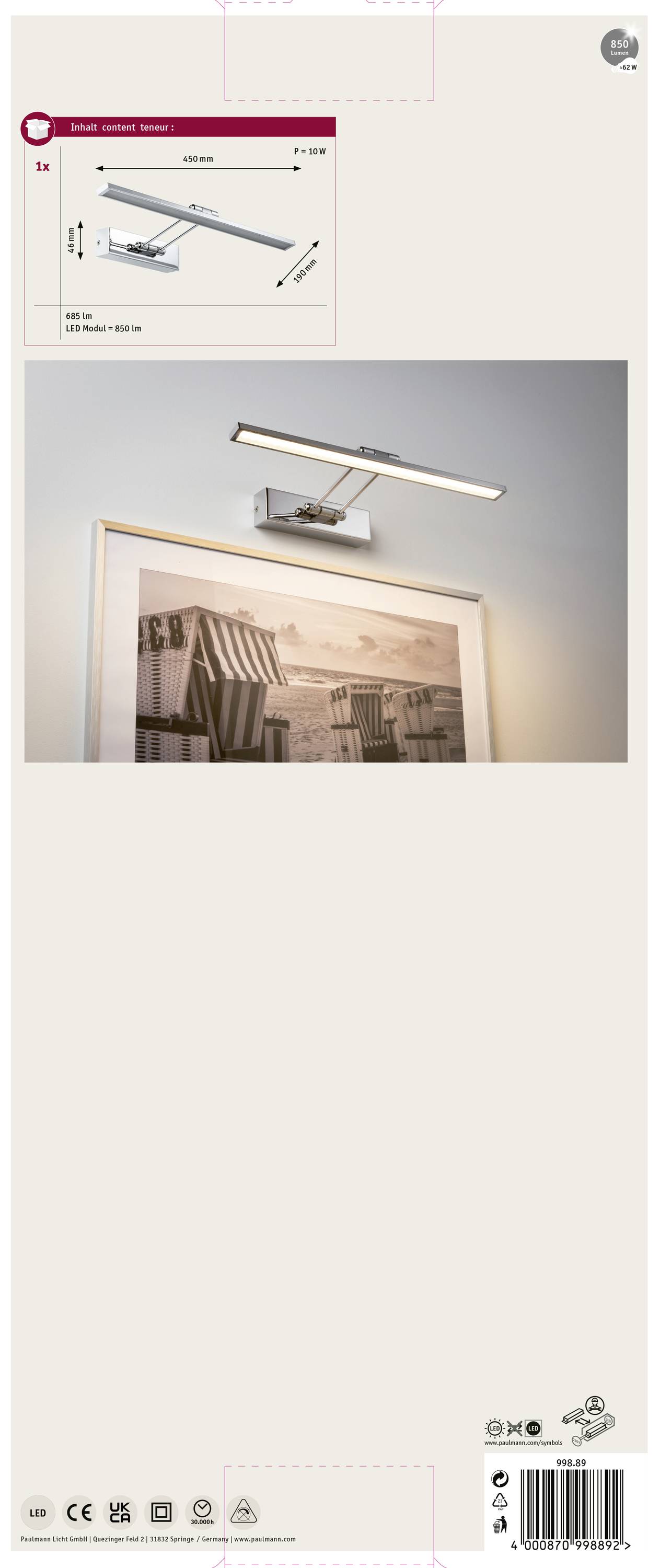 Paulmann Beam Fifty 99889 LED-Bilderleuchte 7W Warmweiß Chrom