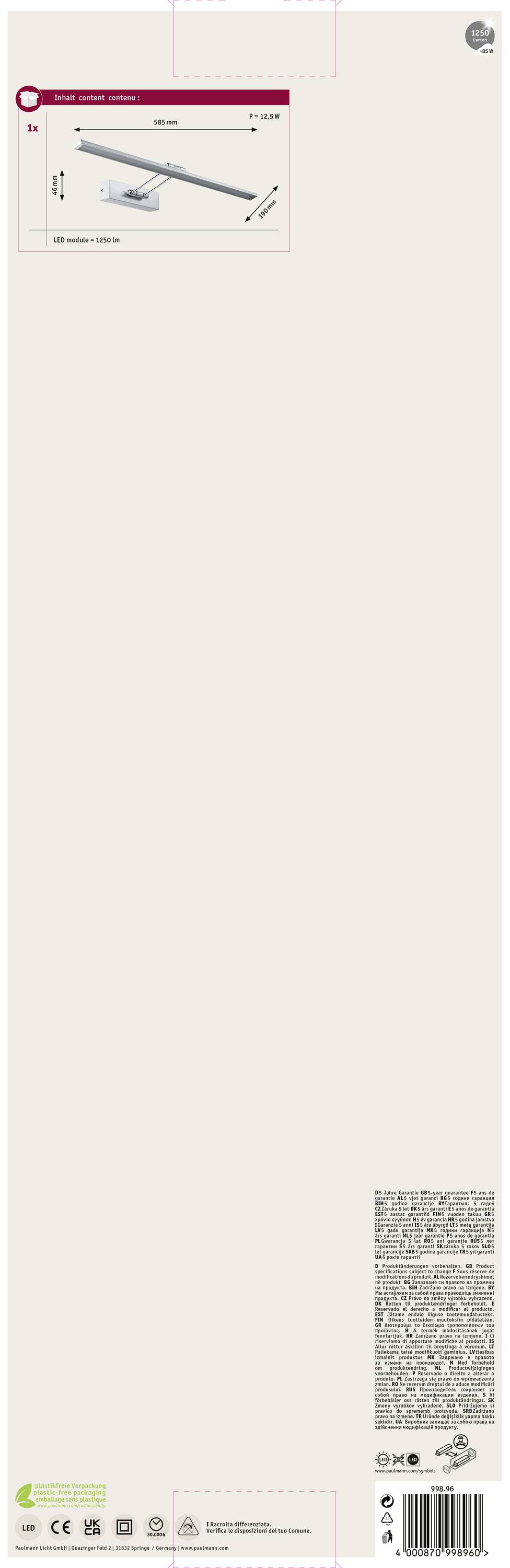 Paulmann Beam Sixty 99896 LED-Bilderleuchte 11W Warmweiß Nickel (gebürstet)