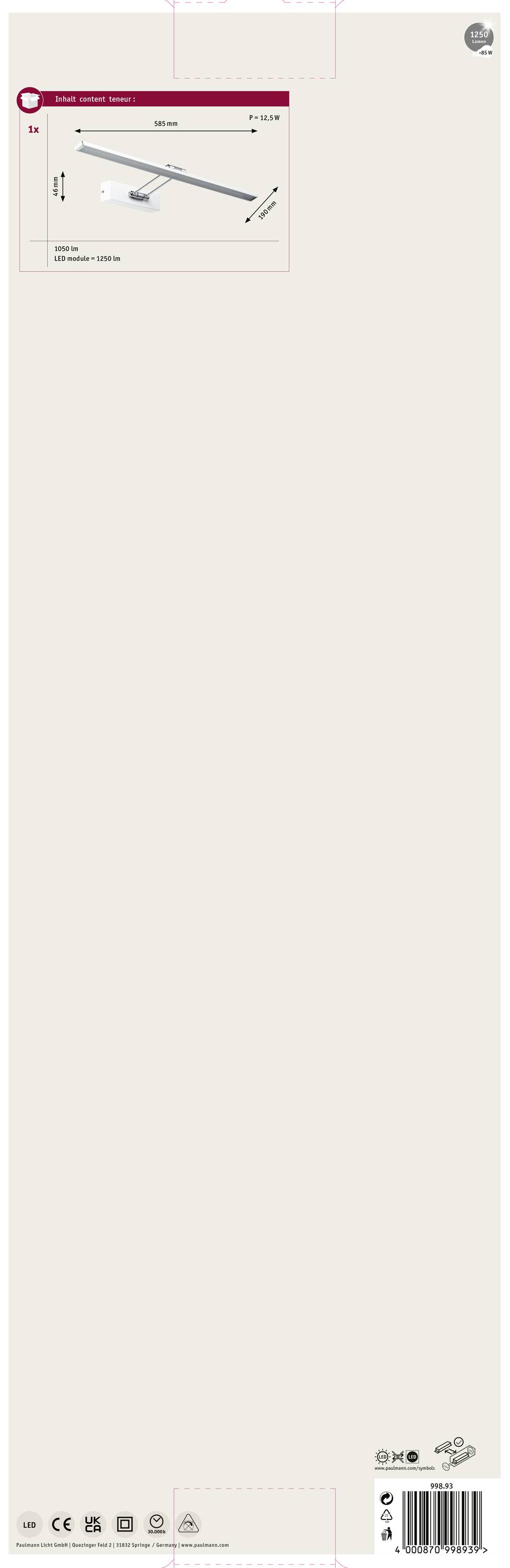 Paulmann Beam Sixty 99893 LED-Bilderleuchte 11W Warmweiß Weiß