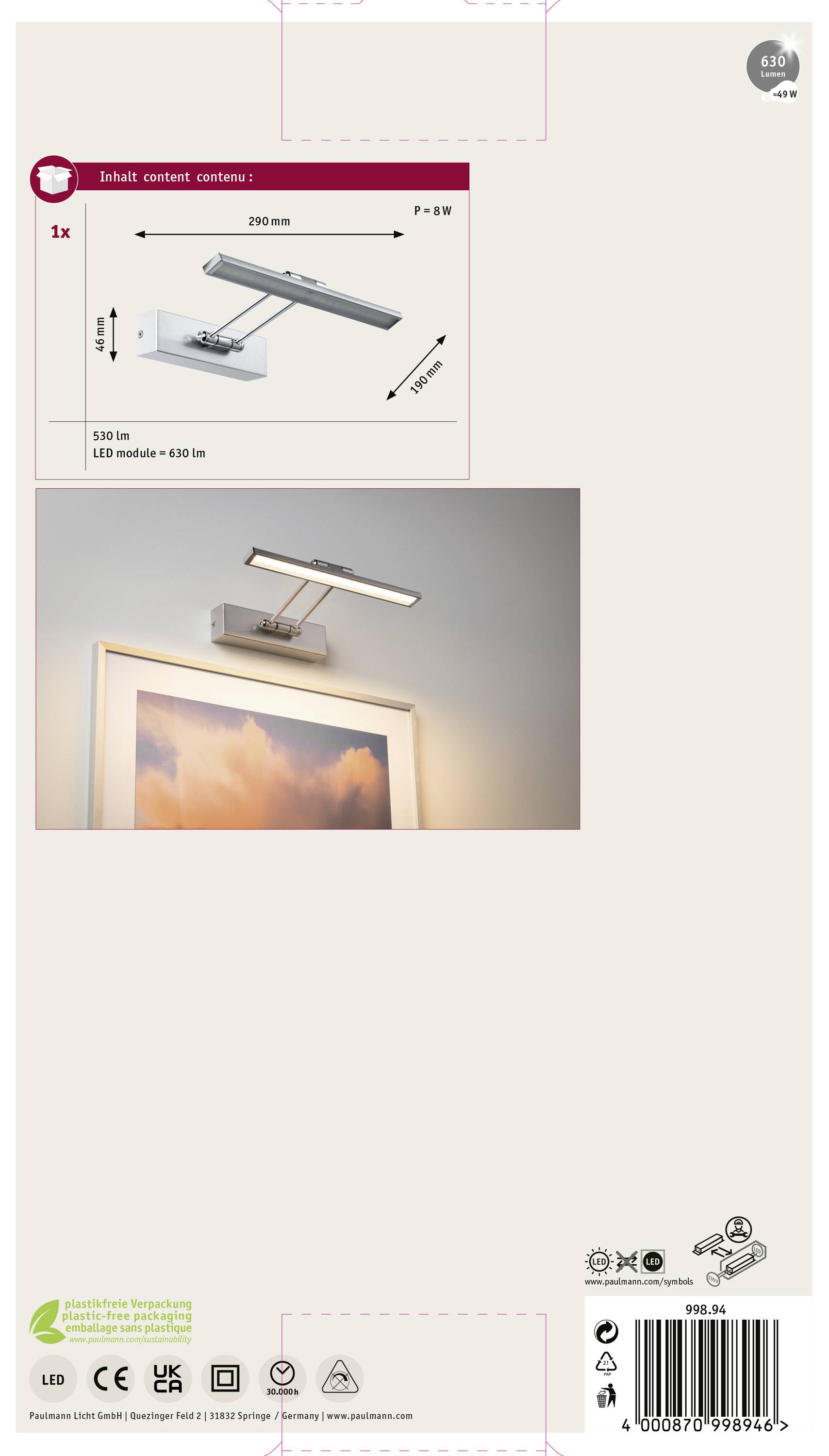 Paulmann Thirty 99894 LED-Bilderleuchte 5W Warmweiß Nickel (gebürstet)