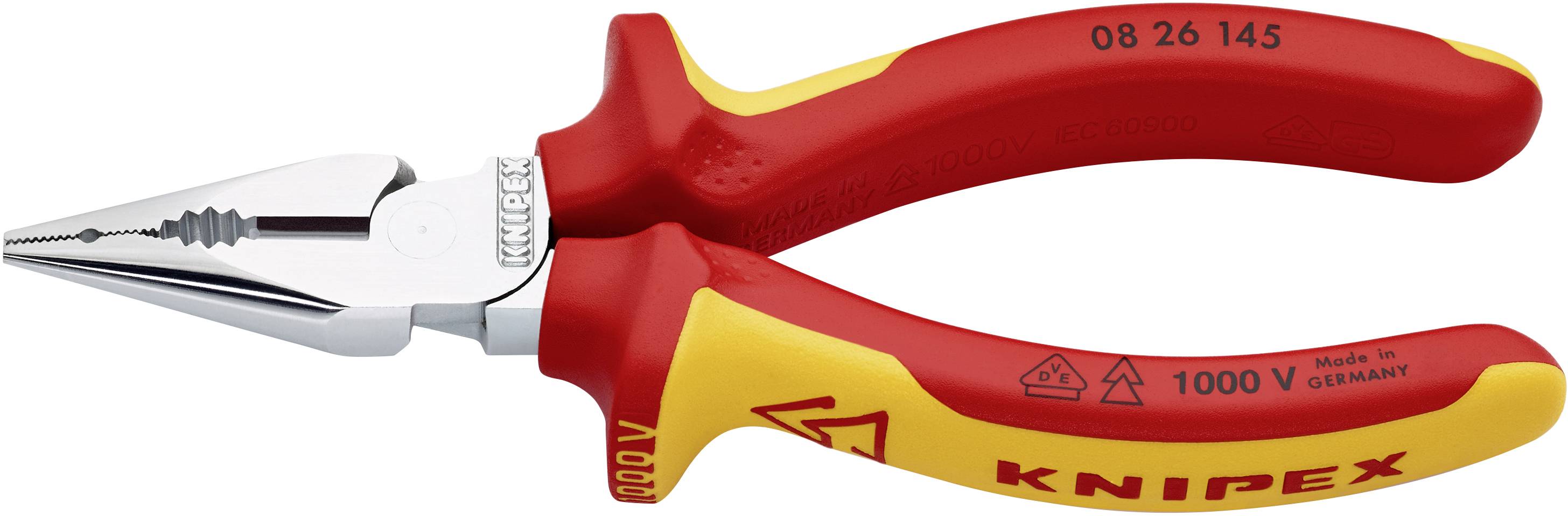 Abgebildet ist eine rote Isolierzange von Knipex mit gelbem Griffschutz, gekennzeichnet für 1000 V Spannung, geeignet für Elektroarbeiten.