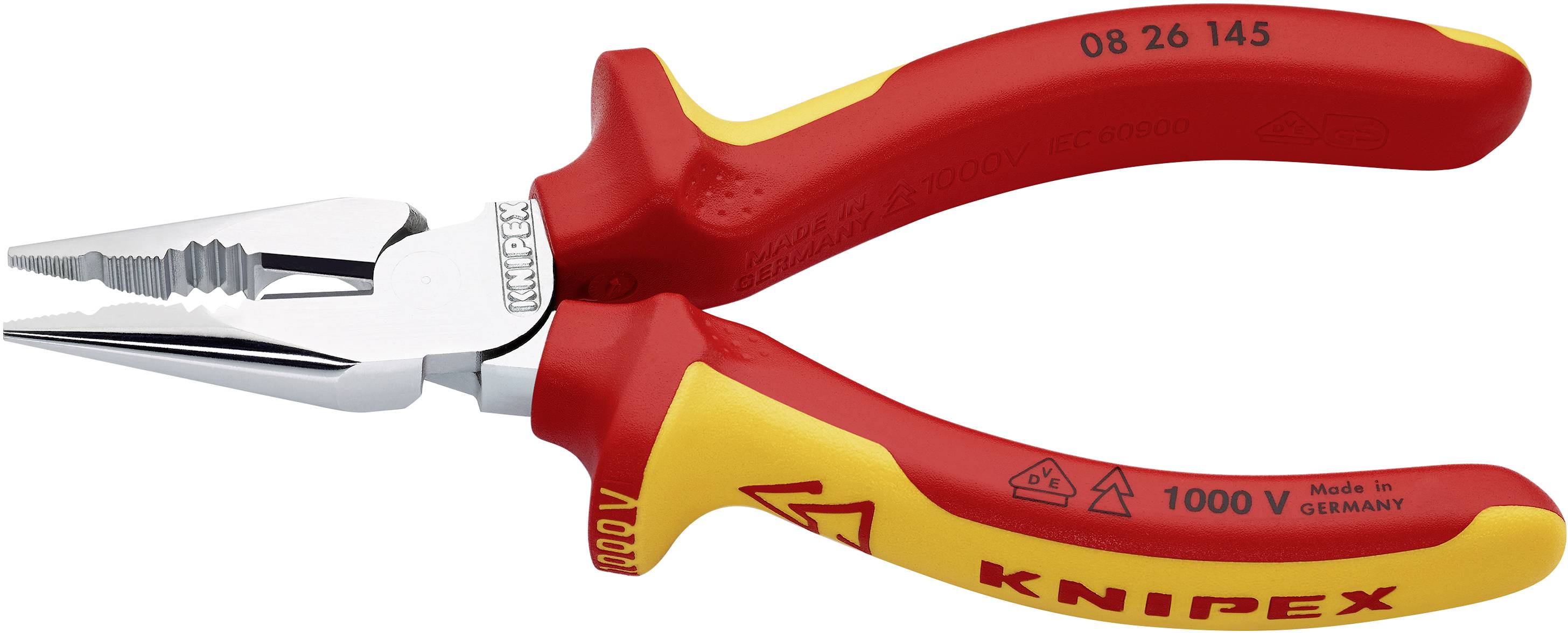 Rote und gelbe Kombinationszange der Marke Knipex, geeignet für Arbeiten an elektrischen Anlagen bis 1000 Volt.