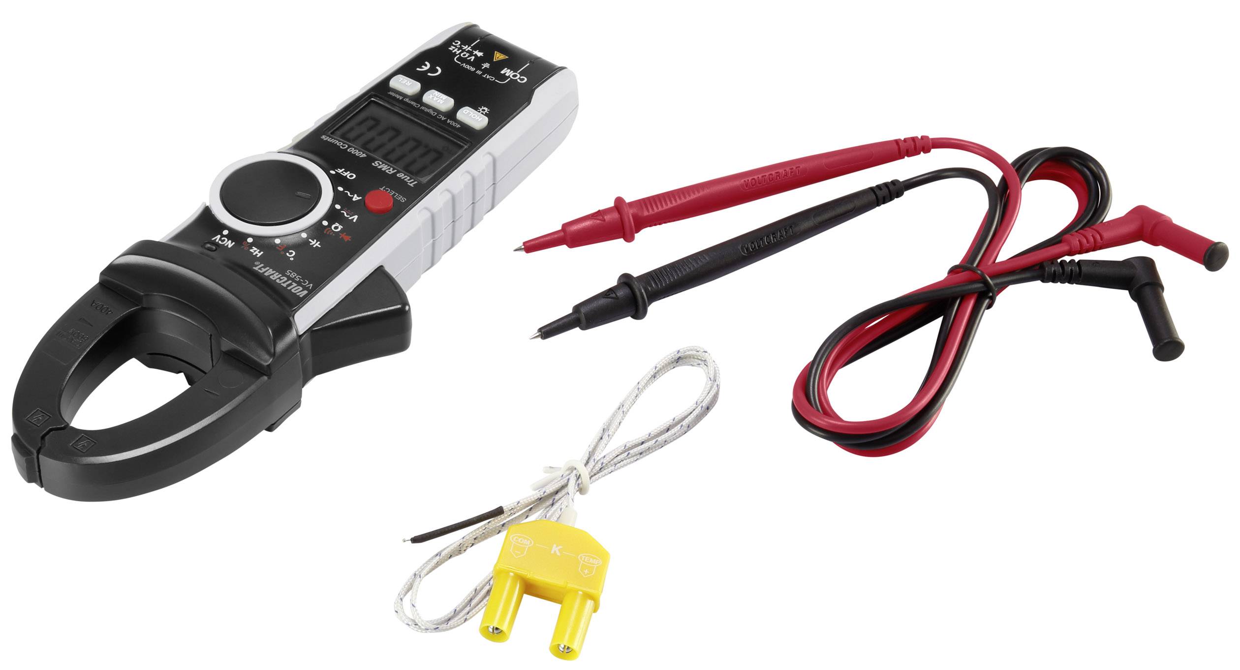 Ein Digital-Multimeter mit Klemmen, roten und schwarzen Prüfkabeln sowie einem gelben Fühler für Temperaturmessungen.