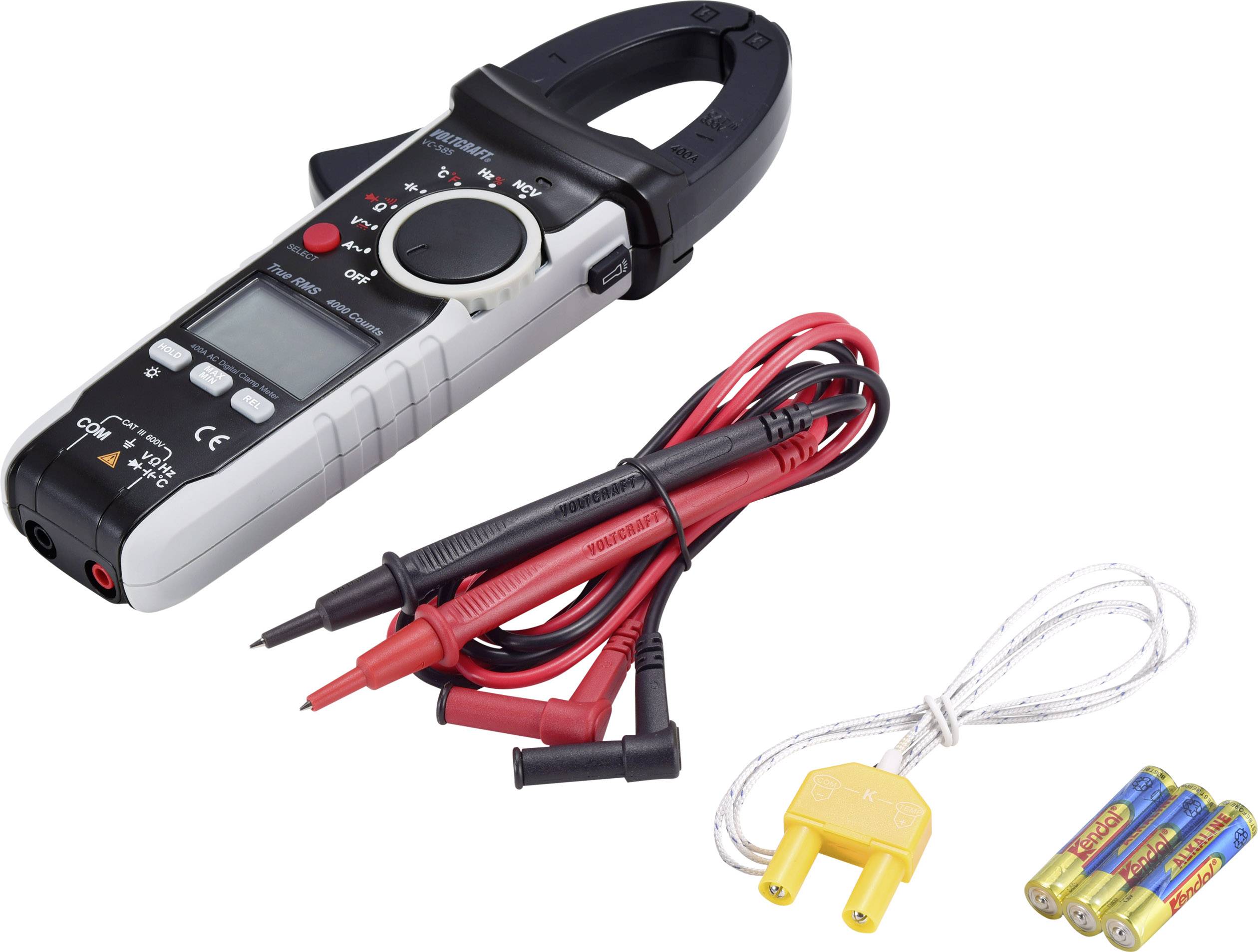 Digitalmultimeter mit Klemmen, zwei Messleitungen und gelbem Temperaturfühler. Vier AA-Batterien daneben.