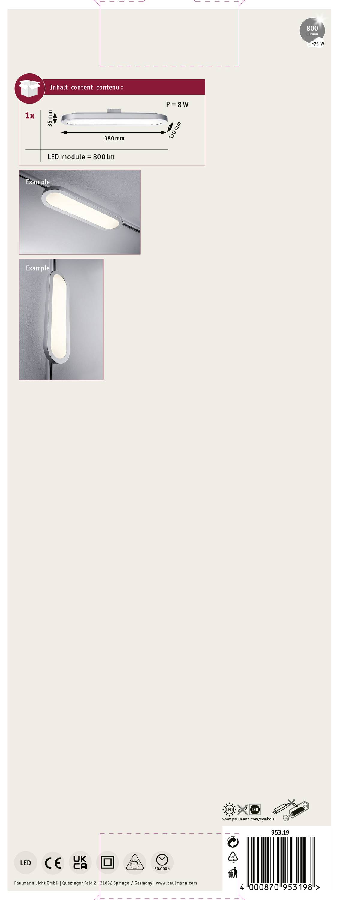 Produktverpackung einer LED Leuchte mit Bildern der Leuchte in verschiedenen Ansichten. Informationen zur LED-Modulleistung und CE-Zertifizierung sind angegeben.