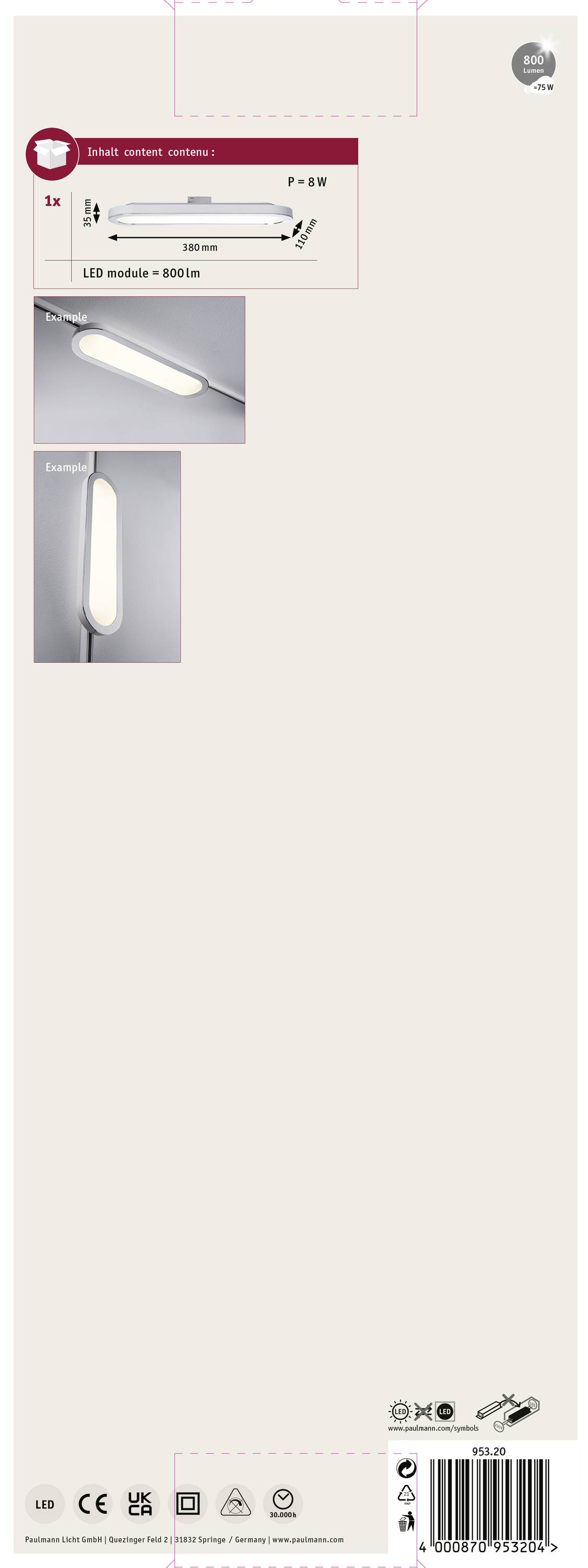 Verpackung zeigt eine LED-Leuchte, Modell P-330, mit 5,5 W Leistung und 500 lm Helligkeit. Bilder der Lampe in verschiedenen Ansichten.