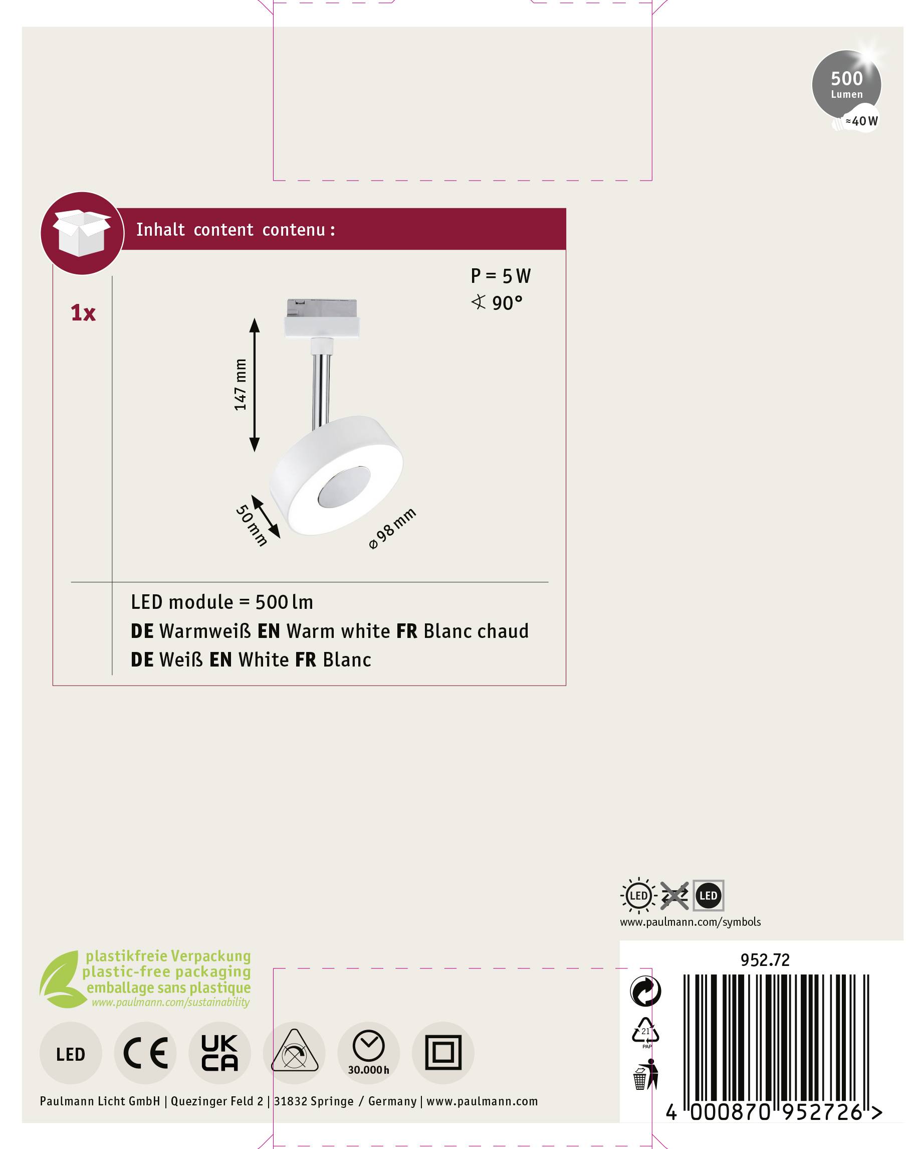 Paulmann Circle Hochvolt-Schienensystem-Leuchte URail LED fest eingebaut 5W LED Weiß