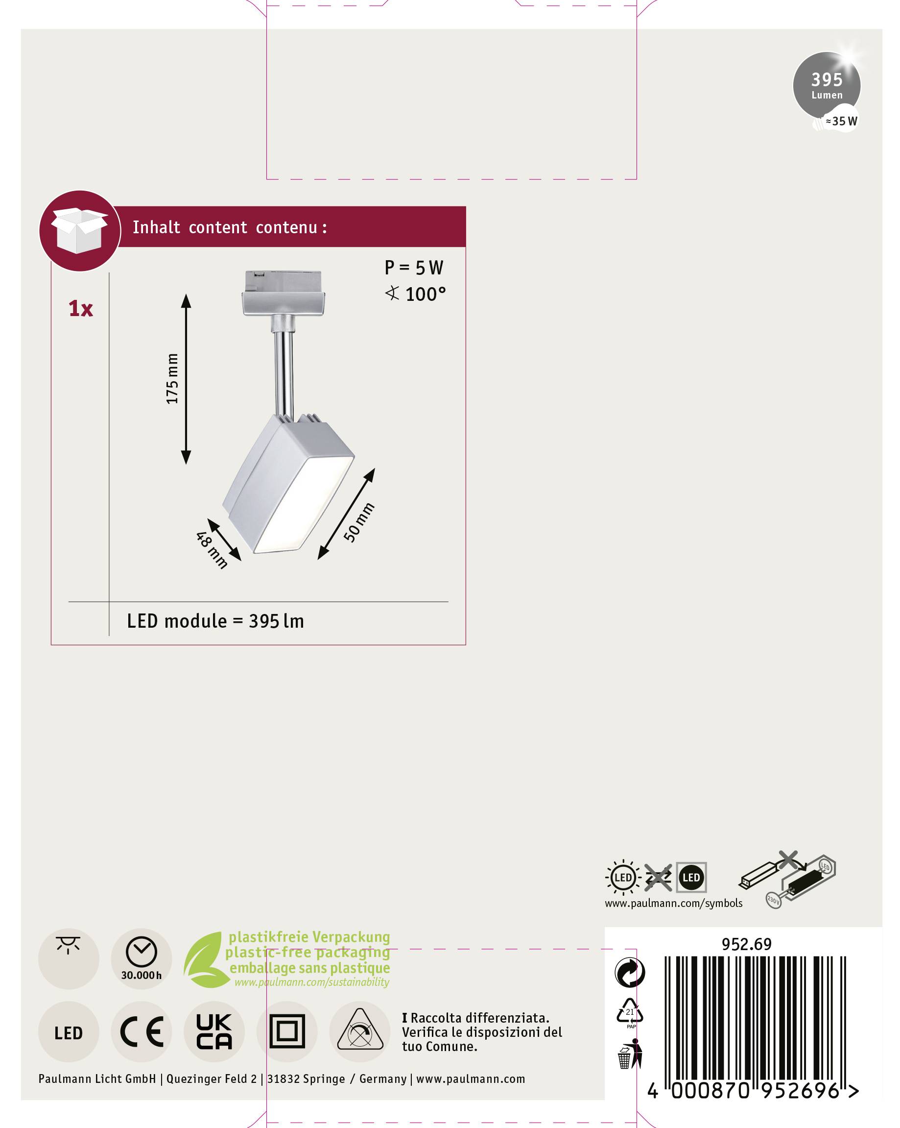 '1x LED-Modul, P=5W, 395lm' abgebildet auf Verpackung. Enthält Maßangaben und Symbole für Recycling sowie Herstellerinformationen.