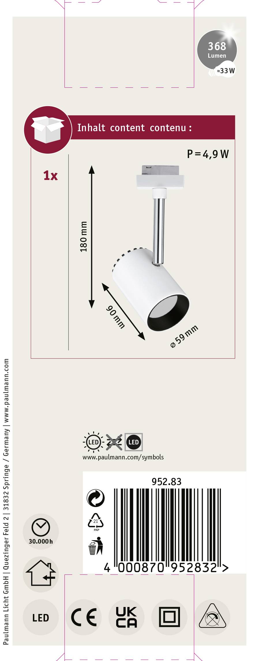 Produktverpackung für eine LED-Lampe, 4,9W, Modell 952.83, Einklemmleuchte, Maße: 180mm x 90mm, Barcode 4008870952832.