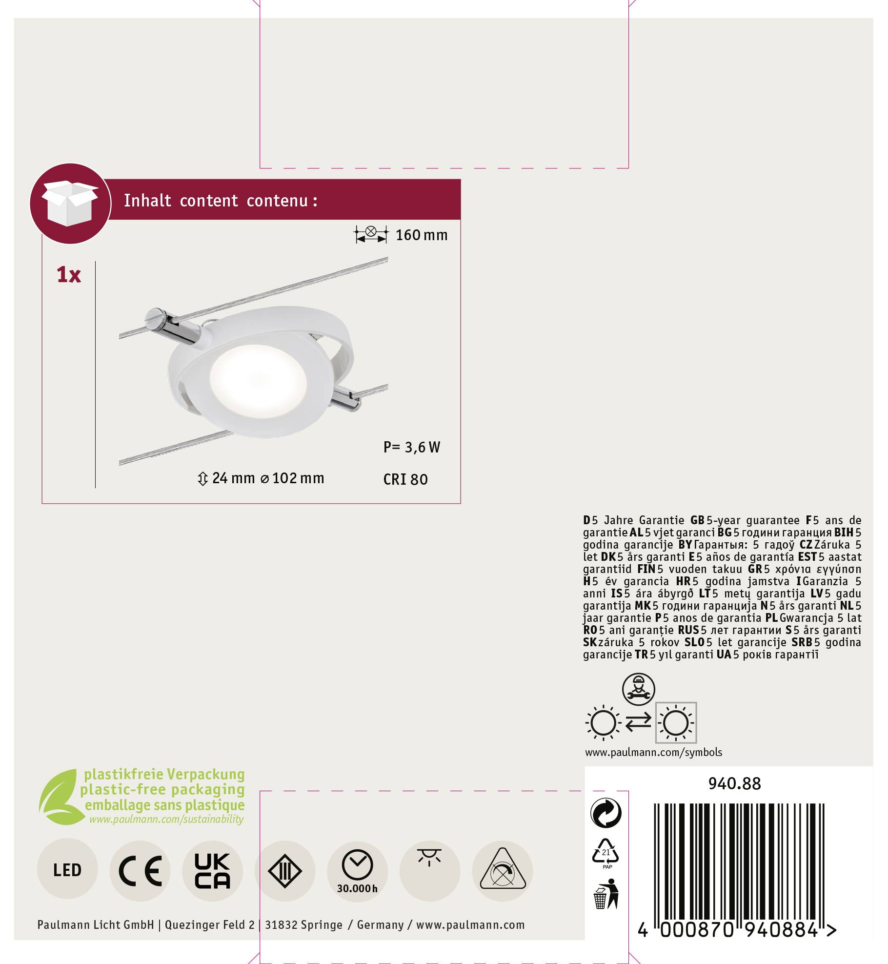 Paulmann RoundMac Niedervolt-Seilsystem-Leuchte Universell LED fest eingebaut 4 W LED Weiß (matt)