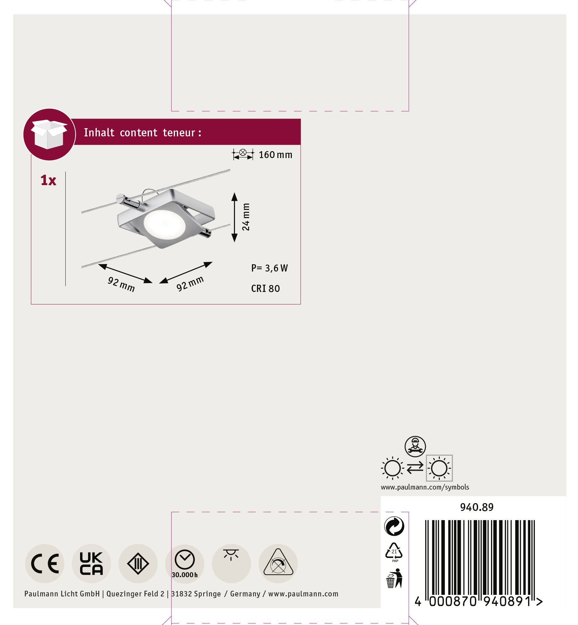 Paulmann MacLED Niedervolt-Seilsystem-Leuchte Universell LED fest eingebaut 4 W LED Chrom (matt)