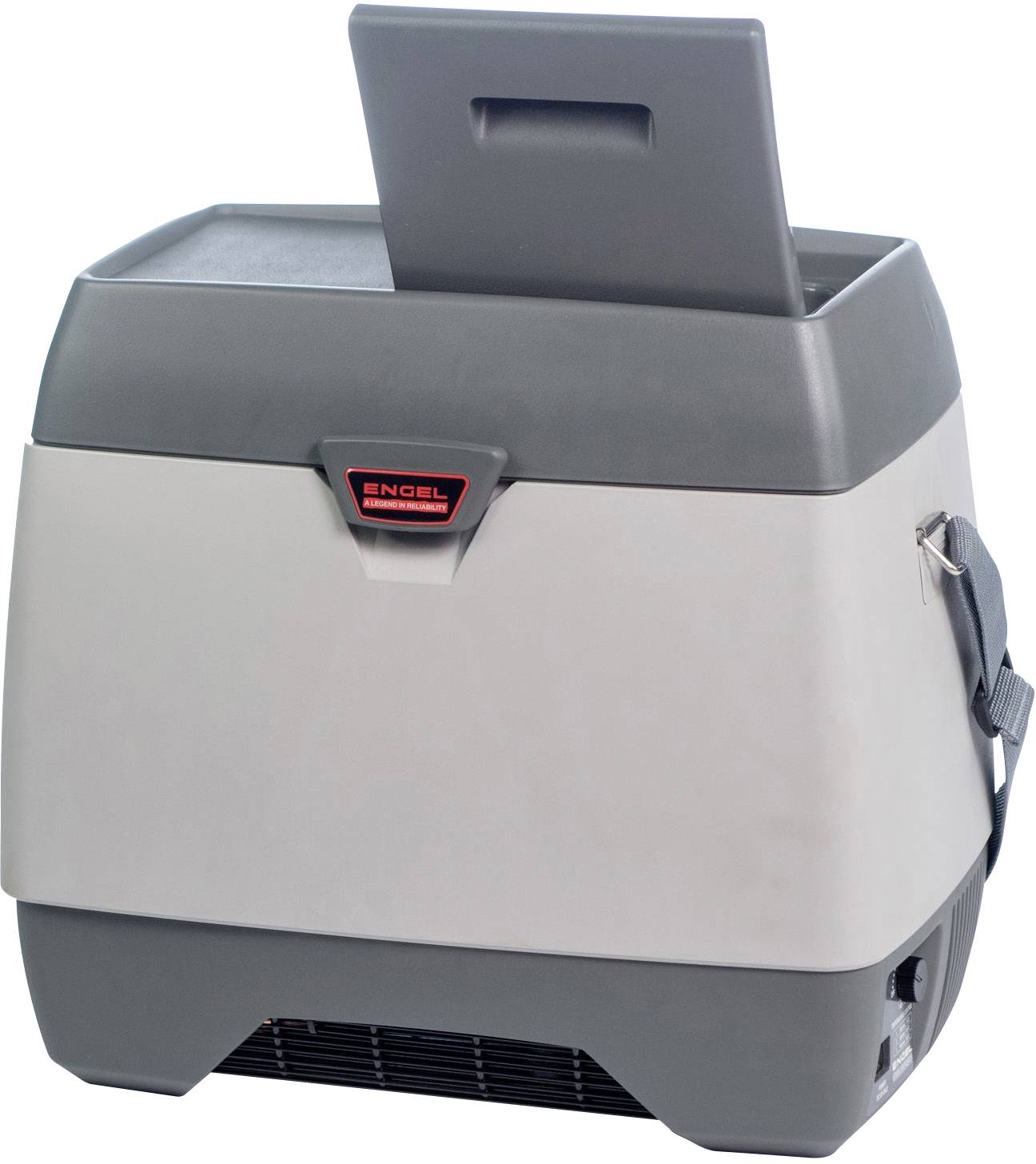 Eine tragbare Kühlbox mit grauem Gehäuse, Klappdeckel und seitlichem Tragegriff, geeignet für den Einsatz unterwegs.