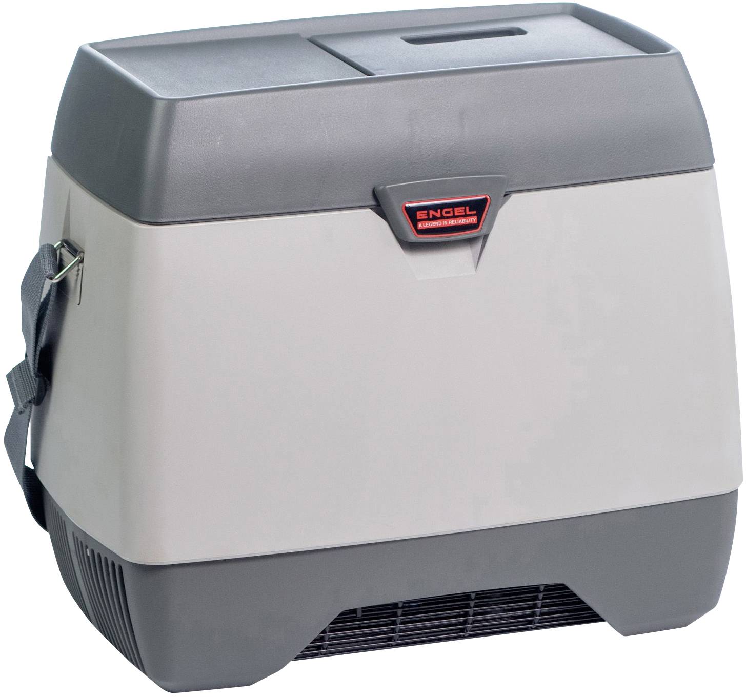 Tragbare Kühlbox mit grauem Gehäuse und schwarzem Deckel, geeignet für Camping oder Reisen. Sie hat Tragegriff und Lüftungsschlitze.