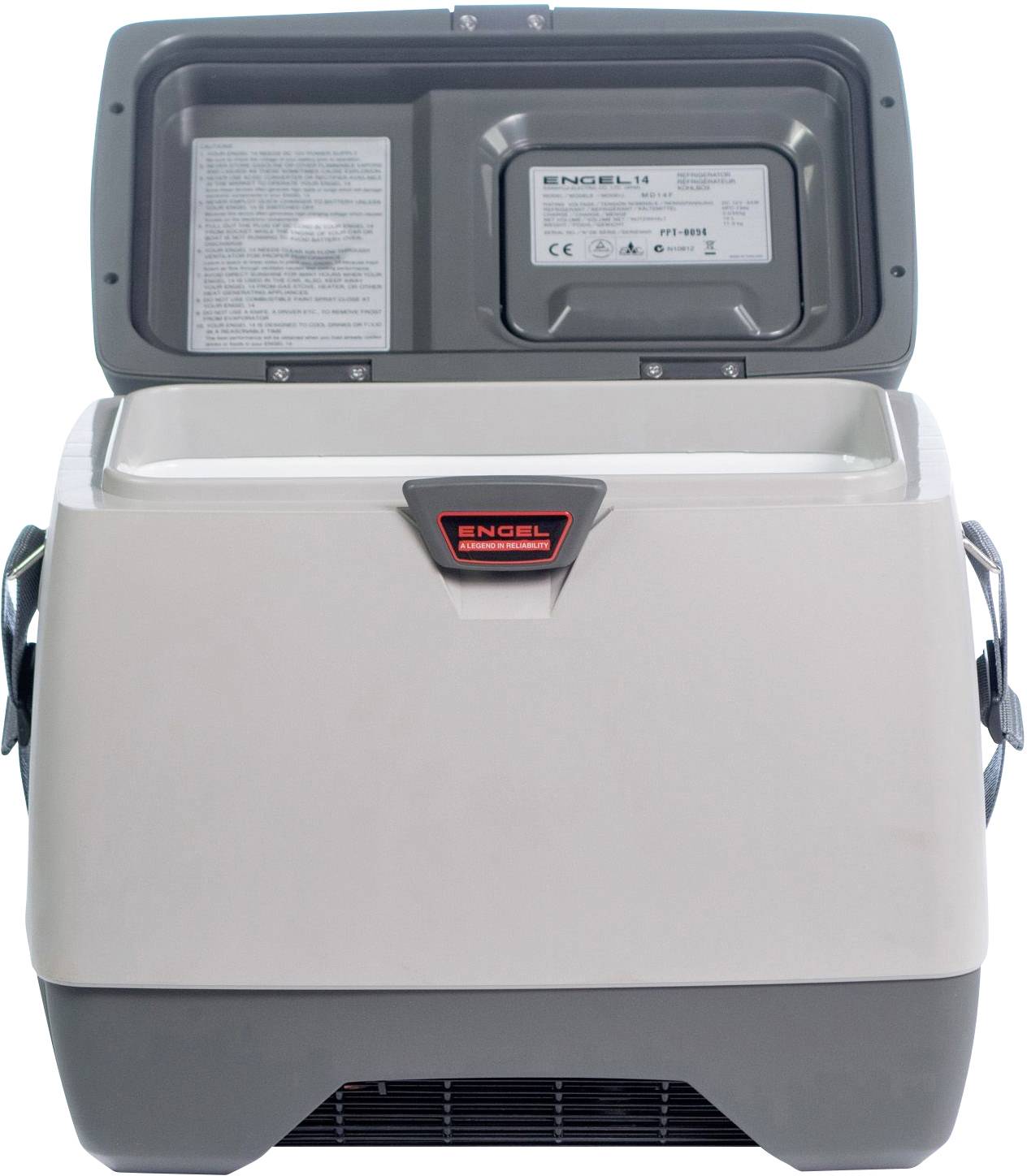 Tragbare Kühlbox mit offenem Deckel, zeigt die Marke 'Engel'. Geeignet für Camping oder lange Fahrten zur sicheren Lagerung von Lebensmitteln.
