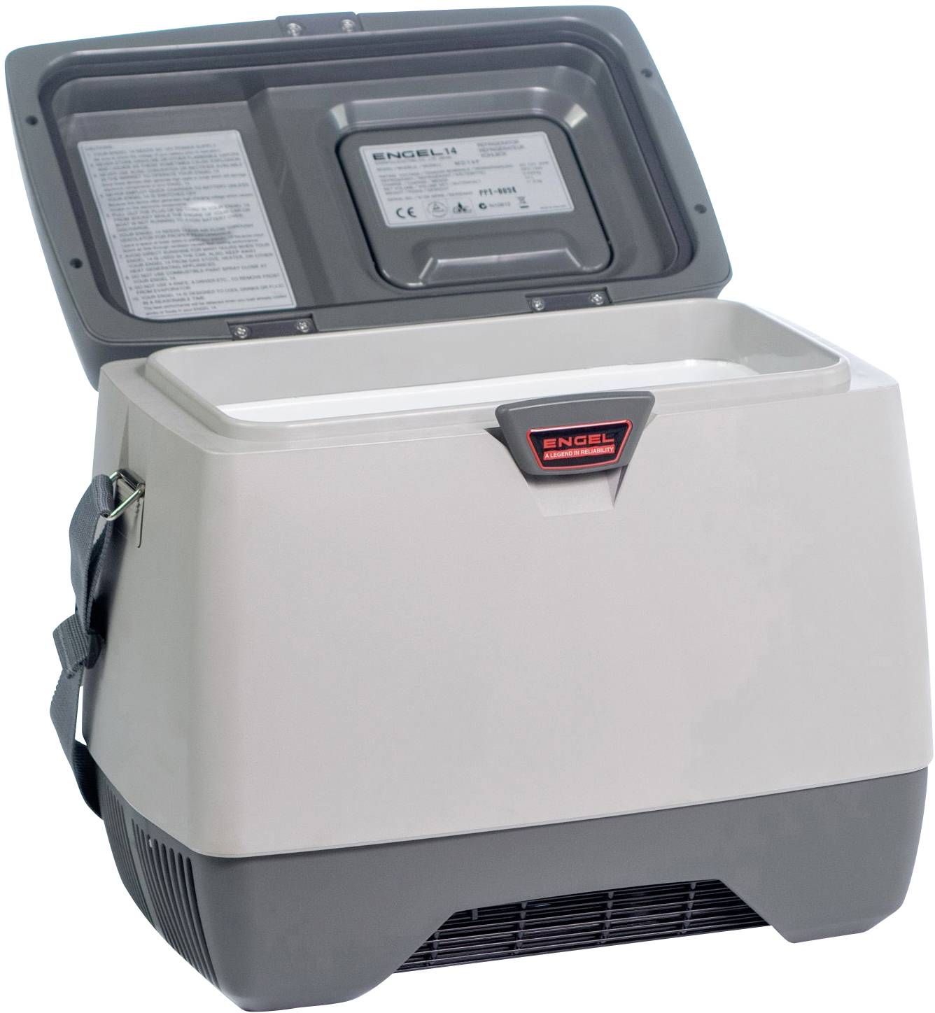 Grauer tragbarer Kühlschrank mit geöffnetem Deckel, sichtbar ist ein Fach für die Lagerung von Lebensmitteln oder Getränken.