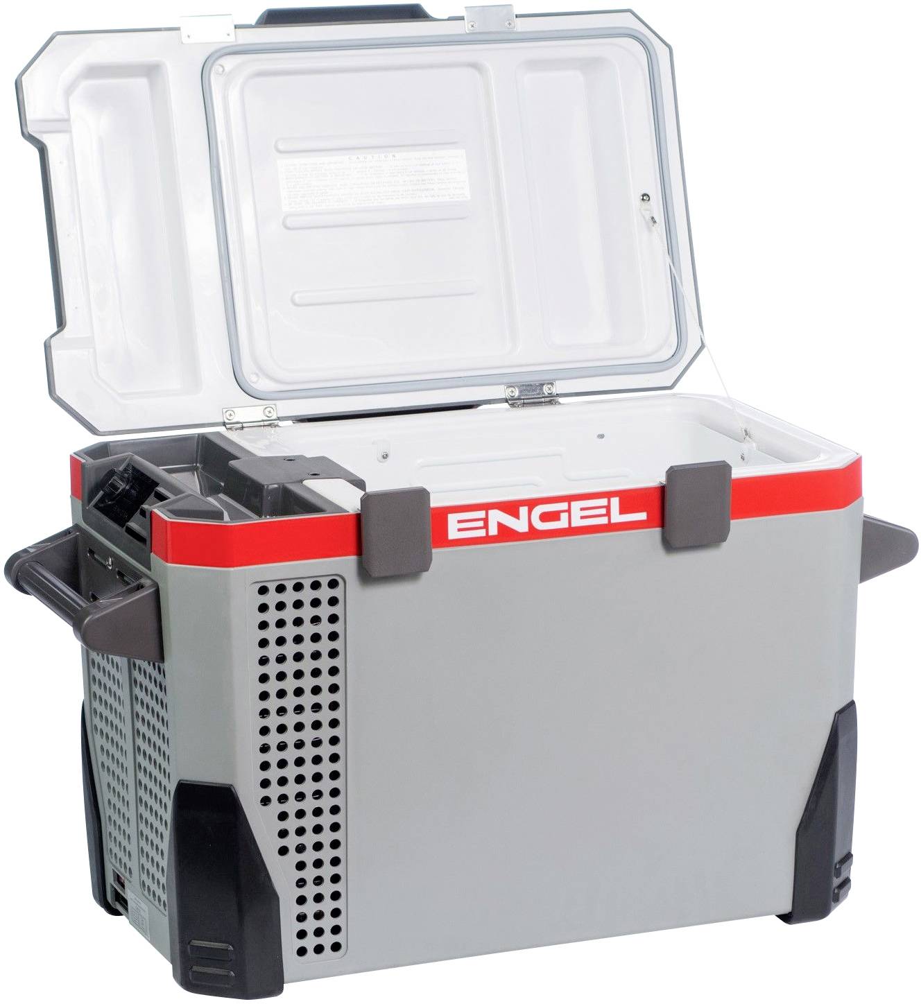 Graue tragbare Kühlbox mit offenem Deckel, Markenname 'ENGEL' auf der Oberseite. Geeignet für Outdoor-Aktivitäten.