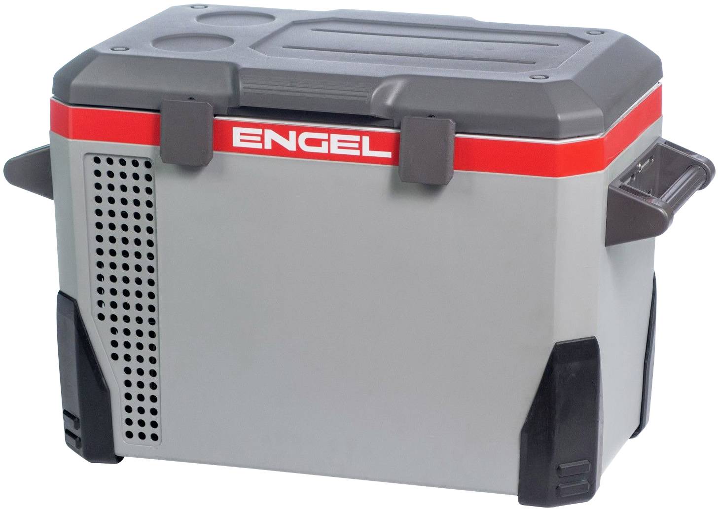 Tragbarer grauer Kühlbox mit schwarzem Deckel und seitlichen Griffen. Oben die Aufschrift 'Engel' in einem roten Streifen.