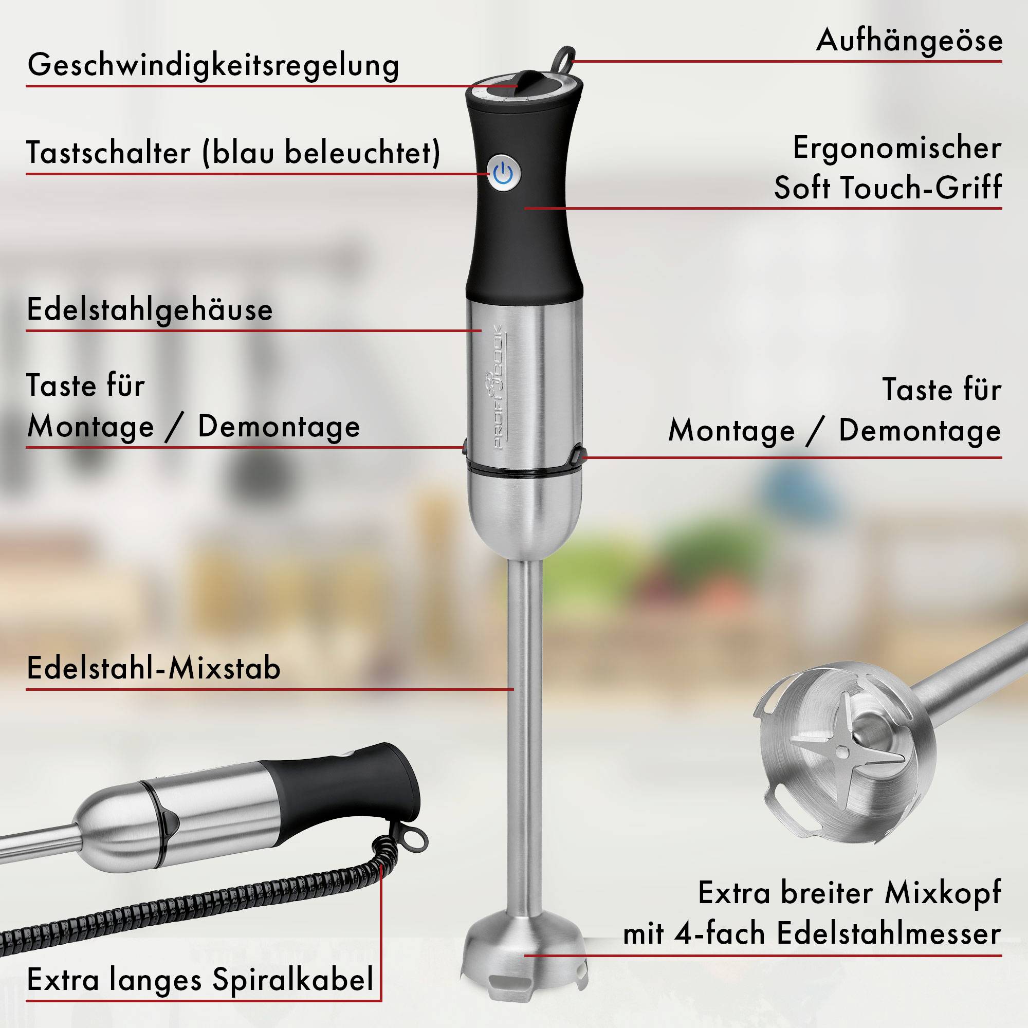Ein Stabmixer mit Geschwindigkeitsregelung, ergonomischem Griff, extra breitem Mixkopf und vier Edelstahlmessern, sowie Zubehör.