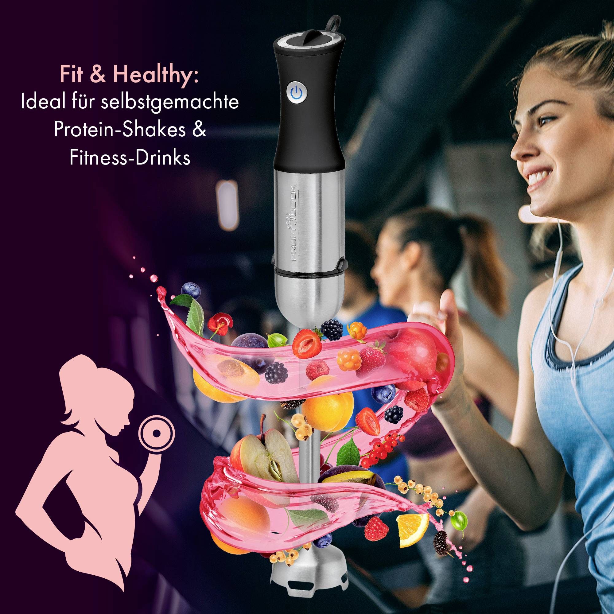 Eine Frau mit einem Mixer trinkt gesundes Getränk. Text: 'Fit & Healthy: Ideal für selbstgemachte Protein-Shakes & Fitness-Drinks'. Obst und Gemüse fliegen.