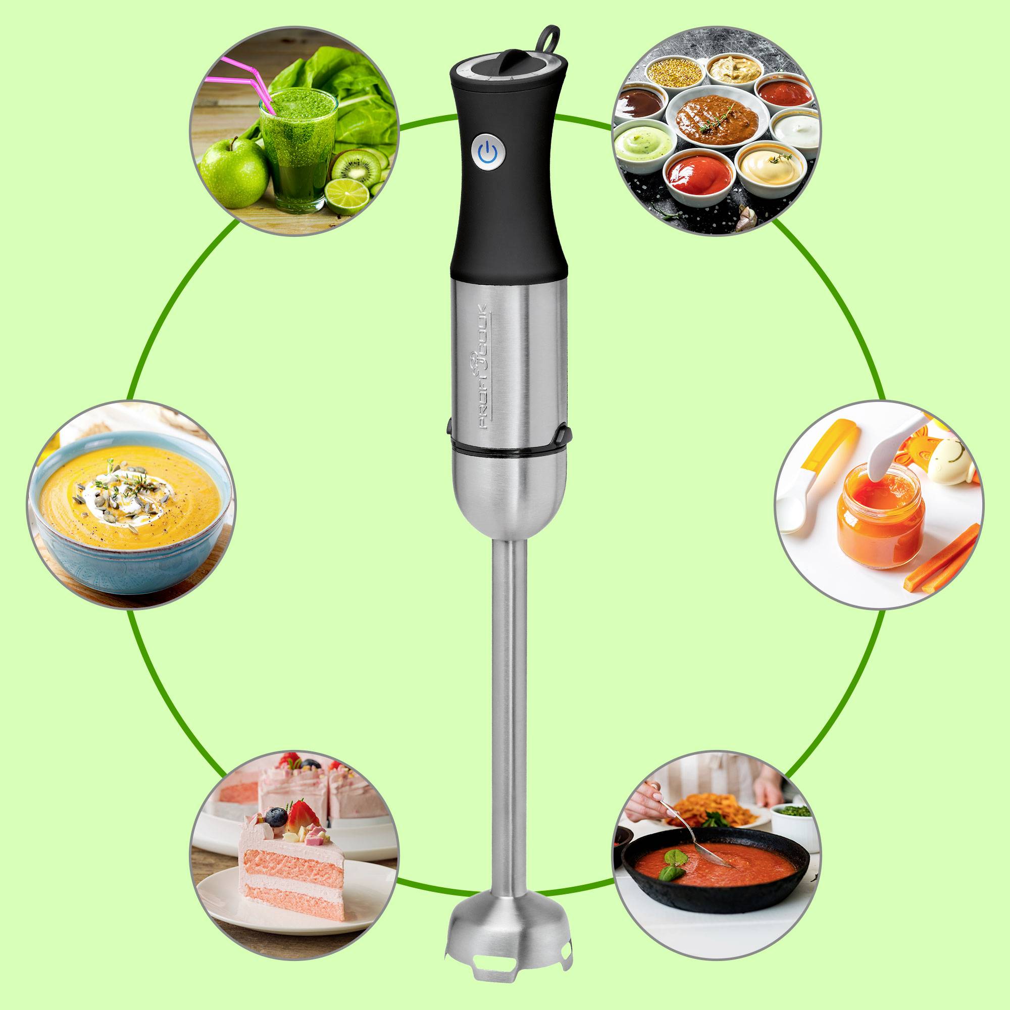 Handmixer in der Mitte mit Pfeilen zu verschiedenen Gerichten: Smoothie, Dips, Suppe, Püree, Dessert, Soße, Chutney.