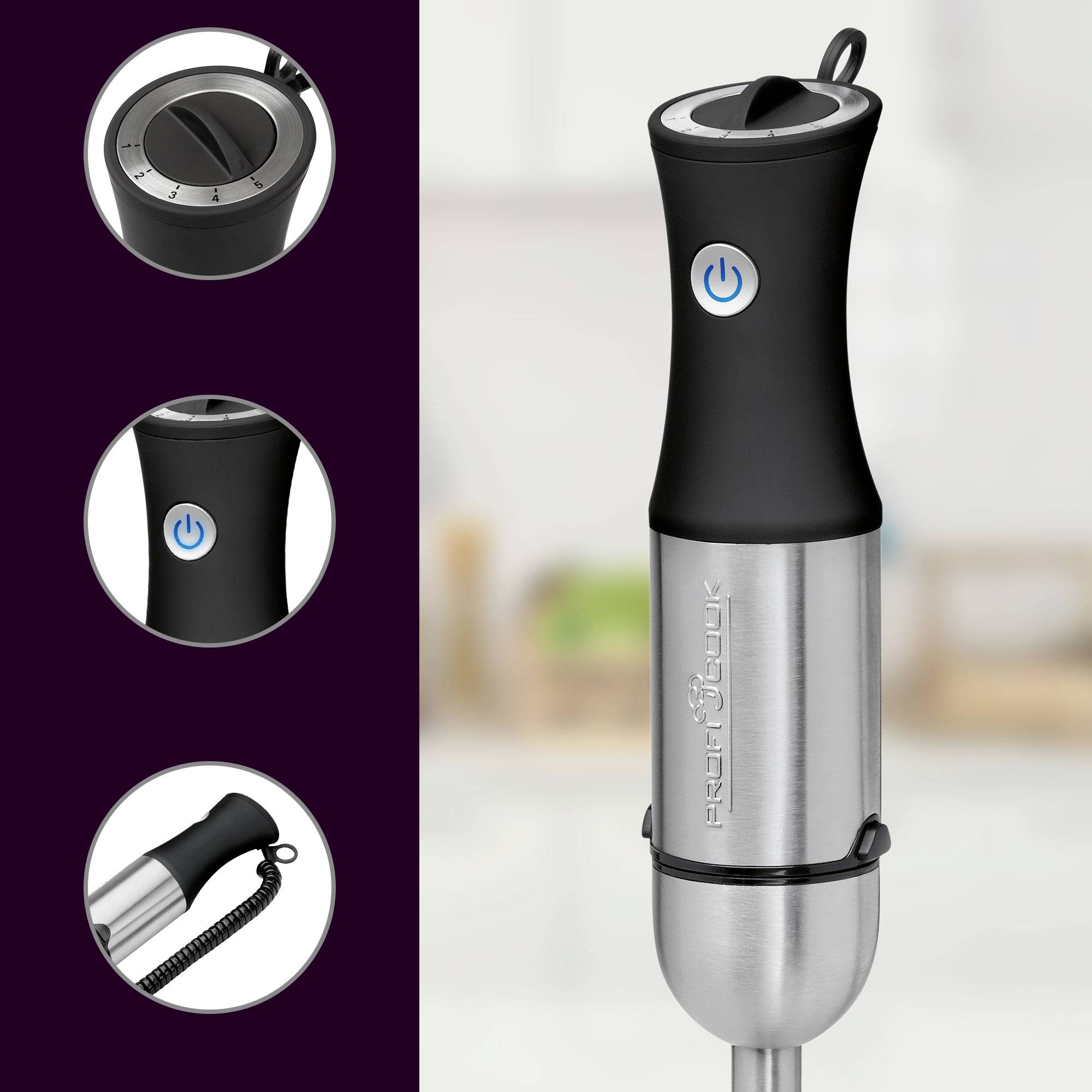 Ein silberner und schwarzer Stabmixer mit Druckknopf und Aufhängeschlaufe, abgebildet aus verschiedenen Perspektiven.