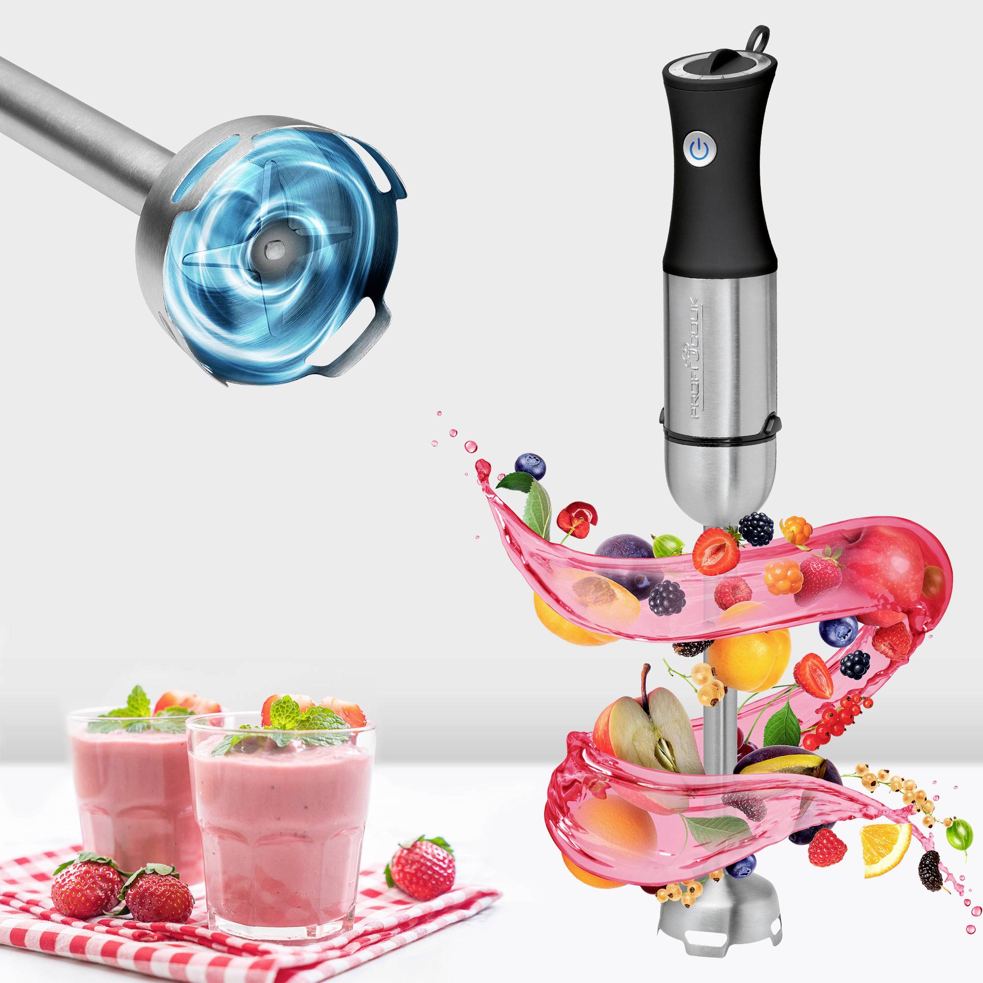 Ein Stabmixer mit Edelstahlgehäuse, umgeben von einem Farbwirbel aus Früchten und Smoothies, der Frische und Energie suggeriert.