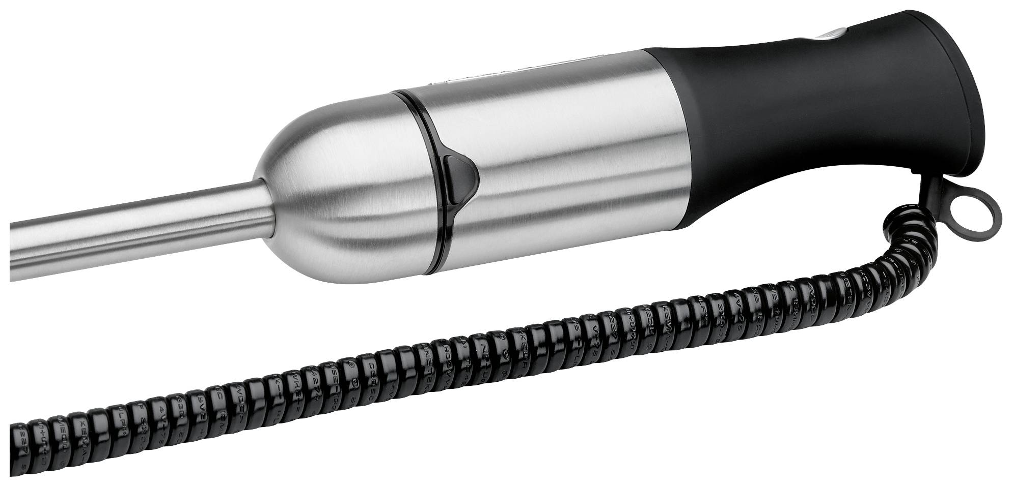 Handmixer mit Edelstahlgehäuse und spiralförmigem Kabel.