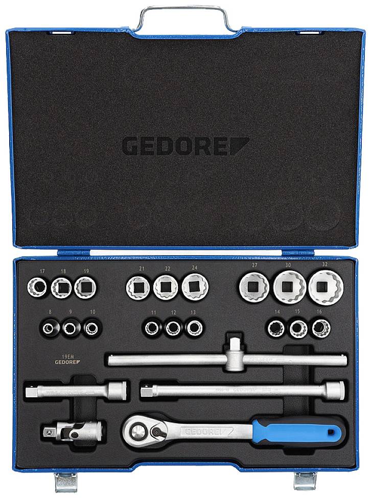 Gedore Werkzeugkoffer mit Ratschensatz, Steckschlüsseln und Zubehör. Enthält Umschaltknarre, Verlängerungen, Adapter.