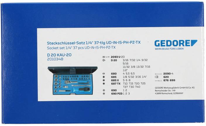Steckschlüsselsatz 1/4', 37-tlg, Gedore. Enthält verschiedene Werkzeuge im Set mit Produktdetails und Herstellungsort auf der Verpackung.