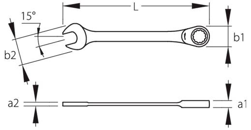 Technische Zeichnung eines Schraubenschlüssels mit Abmessungen: Länge L, Kopfbreiten b1 und b2, Dicken a1 und a2 und einem um 15° geneigten Kopf.