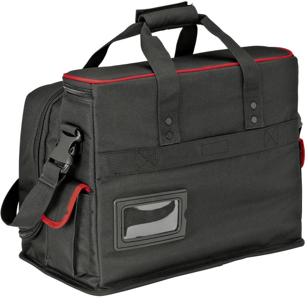Eine schwarze Werkzeugtasche mit roten Akzenten und einem Tragegriff. Sie hat einen transparenten Kunststoffbereich vorne und einen Schultergurt.