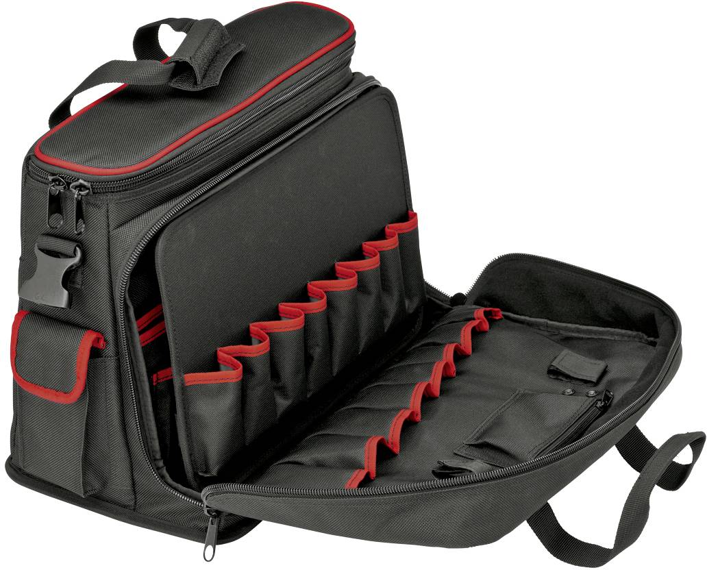 Schwarze Tasche mit roten Akzenten, geöffnet und leer, zeigt mehrere Fächer zur Aufbewahrung. Geeignet für Werkzeuge oder Zubehör.