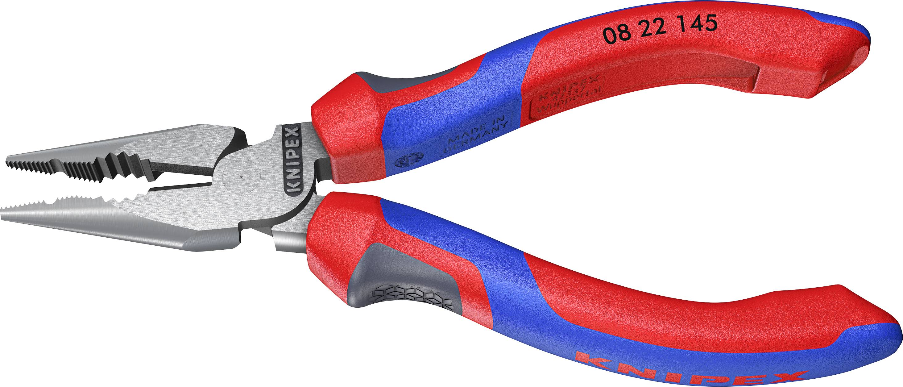 Kombizange mit blau-rotem Griff, geöffnet. Markenname 'Knipex' sichtbar auf dem Griff.